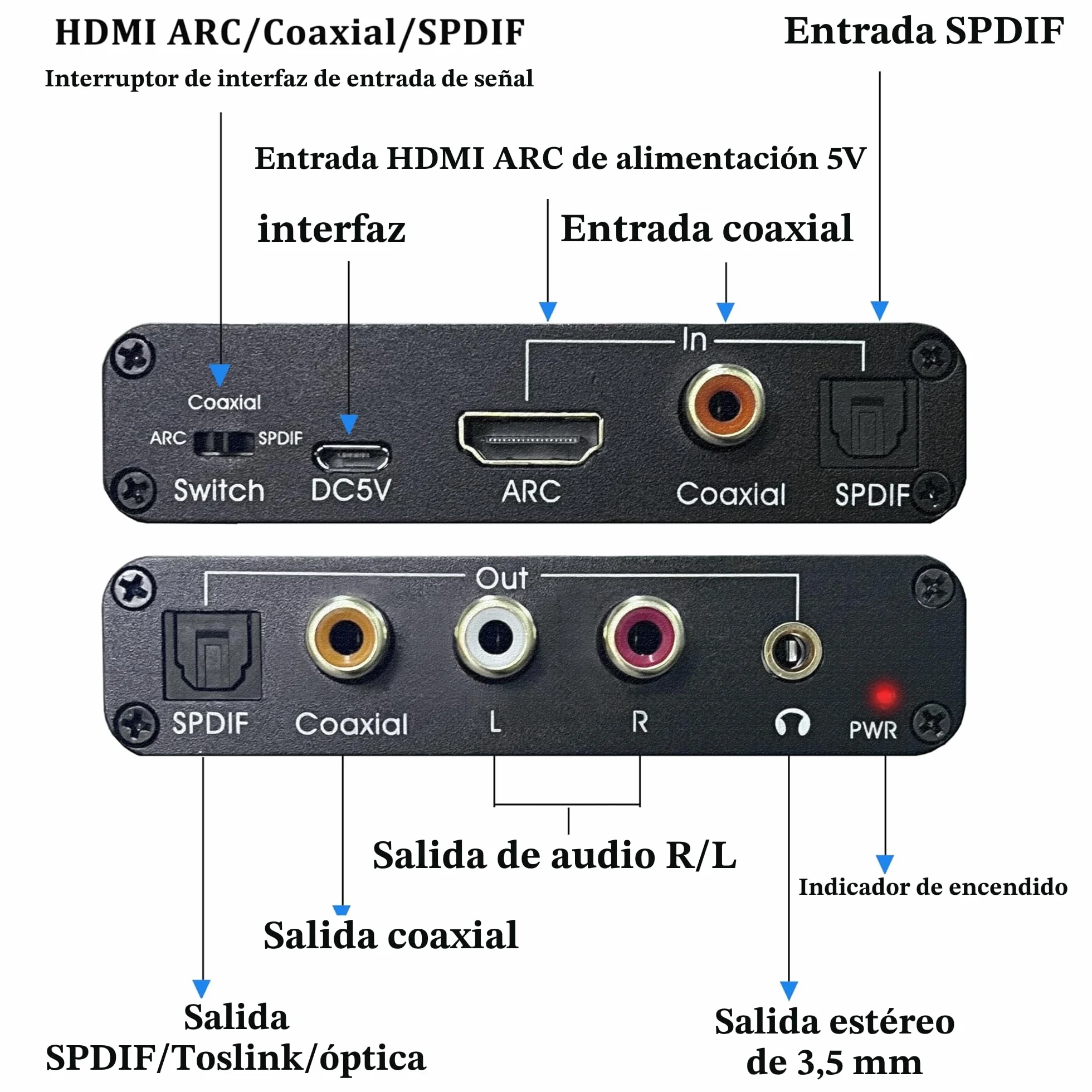 Extractor de audio HDMI ARC SPDIF óptico Toslink a RCA 3.5 mm Jack L/R, adaptador para amplificador HDTV