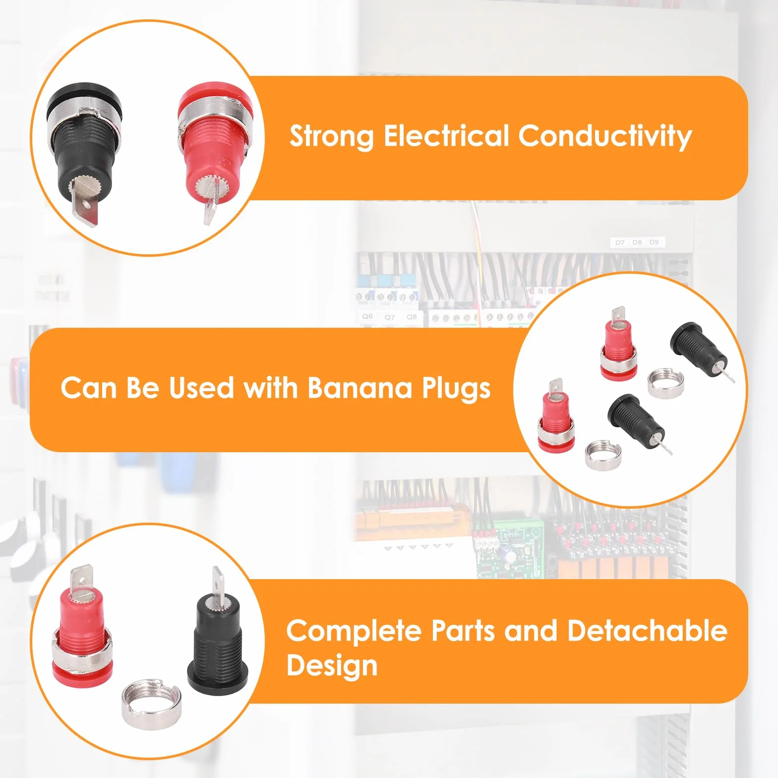 Conector Tipo Banana 4 mm, Terminales de Retorno Seguro, Rojo y Negro, Cobre Puro, Agujero de Montaje 12 mm, Tierra Desmontable