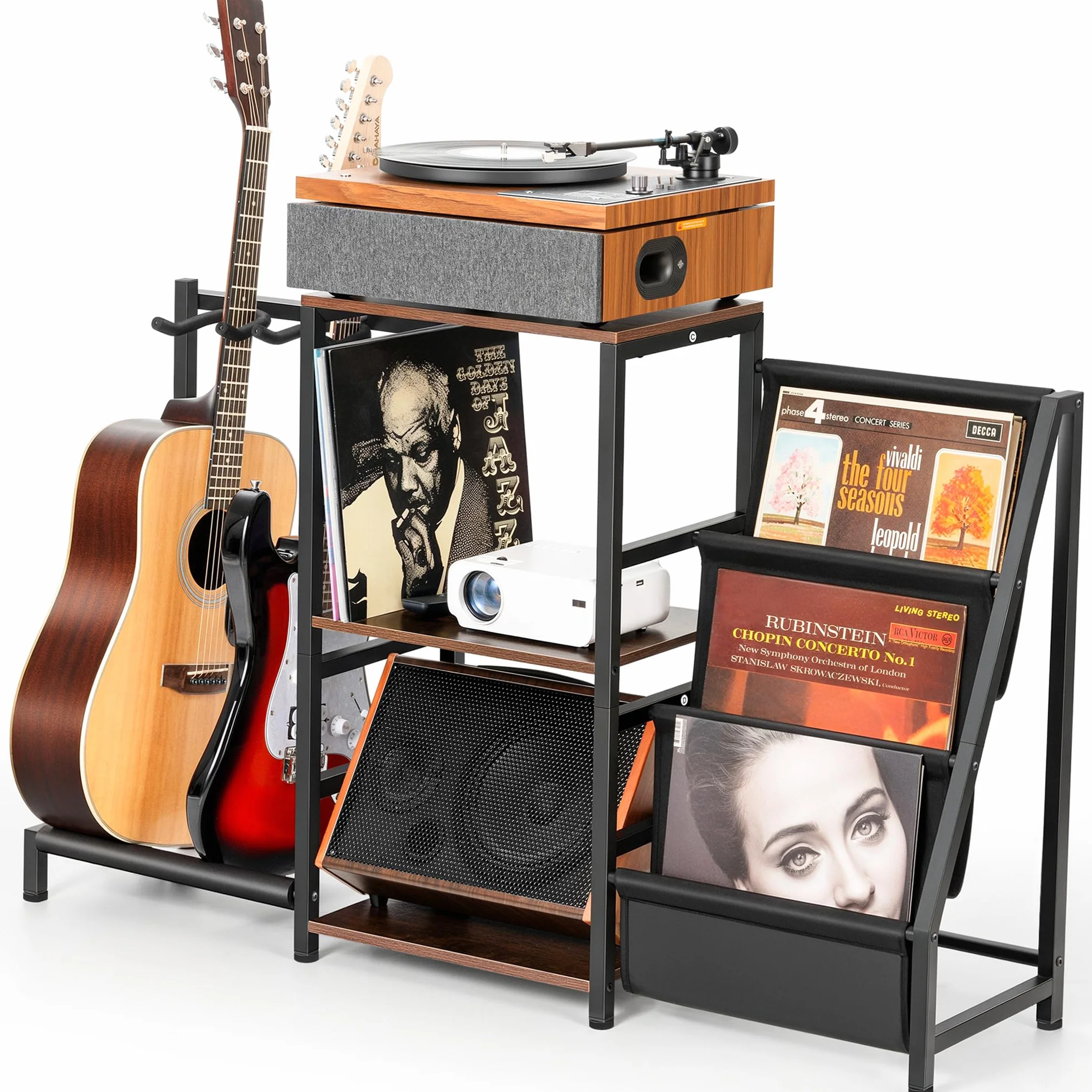 CAHAYA Soporte 4 en 1 para Guitarra Discos – Estantería para 200 LPs con soporte para 2 guitarras – Almacenamiento para Tocadiscos, Guitarra Acústica, Eléctrica Bajo