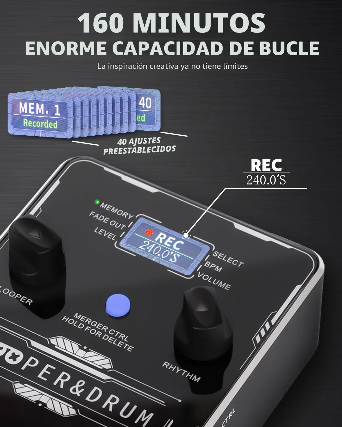 STRICH Pedal de guitarra estéreo Looper con máquina de tambor integrada, 100 patrones de batería, 160 minutos de grabación, USB para audio, soporte