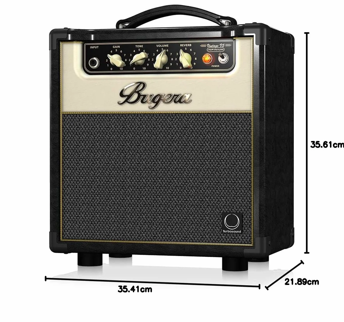 Combo de amplificador de válvulas Bugera V5 INFINIUM de 5 vatios Clase A con multiplicador de vida útil de válvulas INFINIUM, altavoz Turbosound original, reverberación y atenuador de potencia