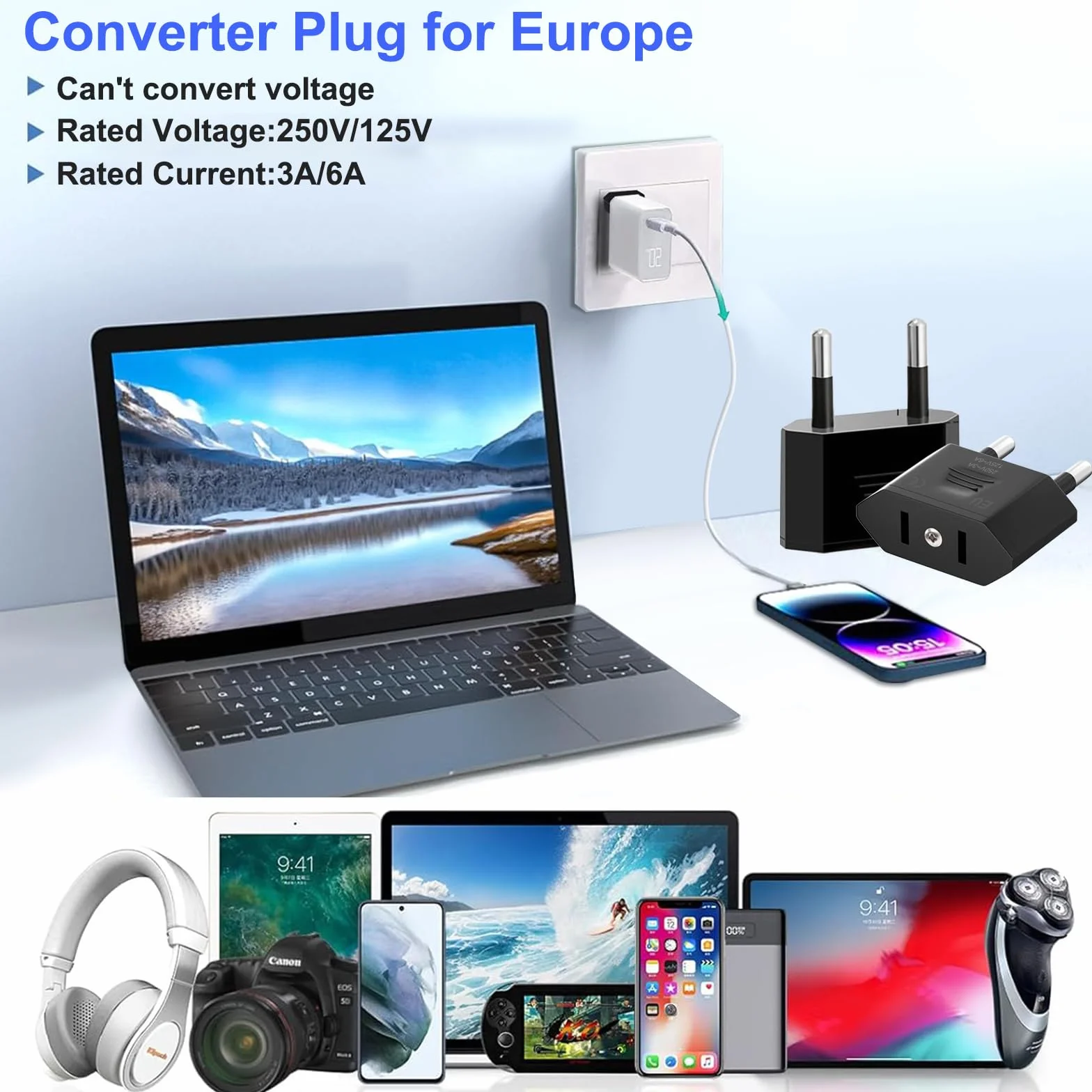 Adaptador Enchufe Americano a Europeo 4 Piezas, USA a España, Negro Compacto Viaje