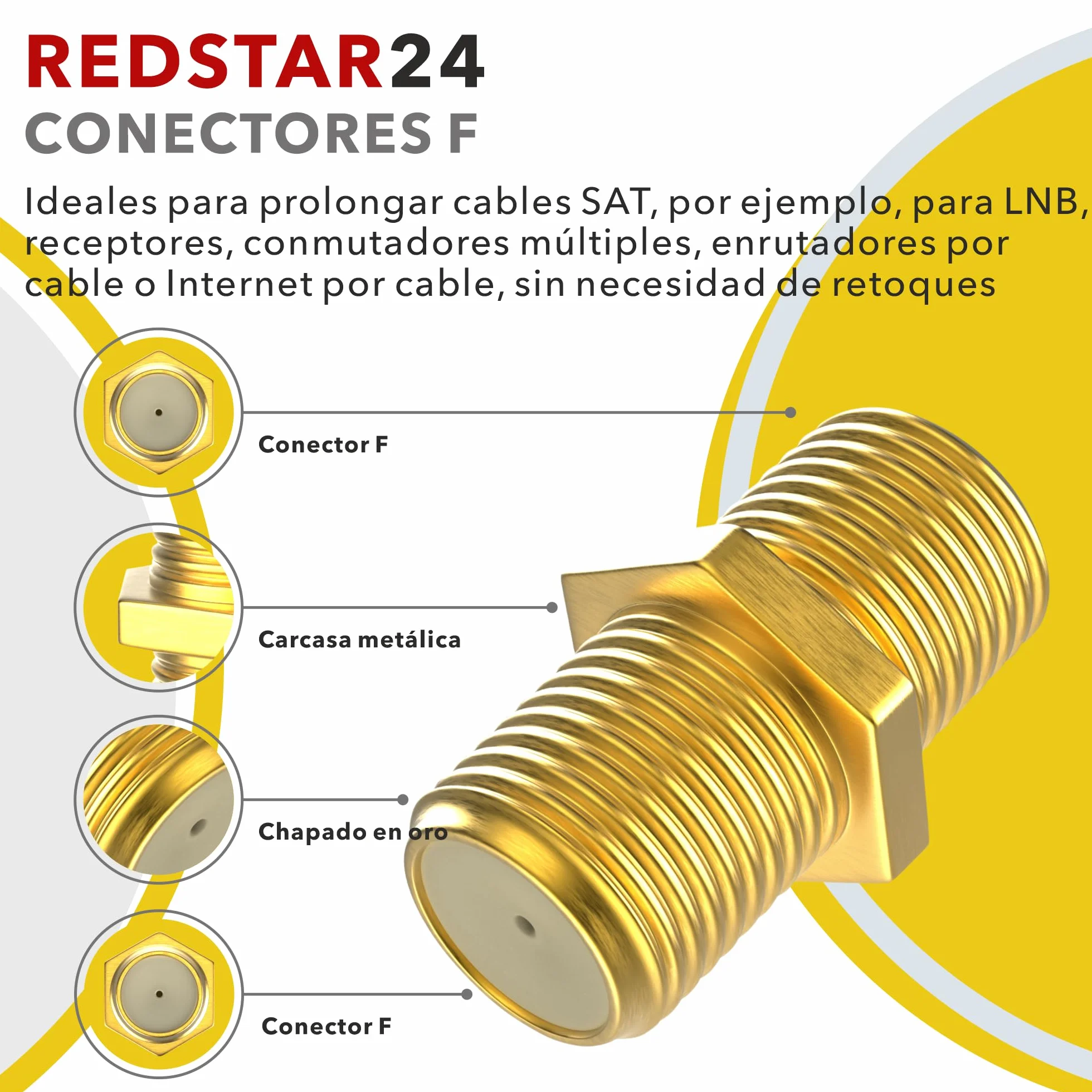Conector F 7 mm atornillable | 10 piezas conectores + 5 adaptadores F-hembra-hembra | Alargador cable Sat chapado en oro | Junta de goma | Tuerca ancha | Antena coaxial TV satélite