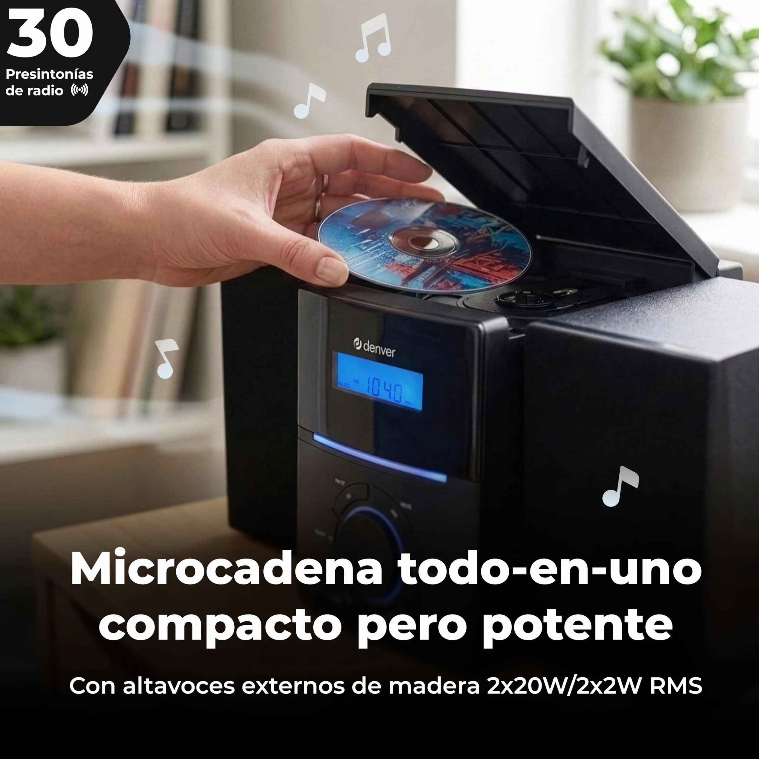 Denver MCA-240 Microcadena con CD y Radio FM, 30 presintonías, AUX, Auriculares, Mando a Distancia, Doble Alarma, 2 x 2 W RMS