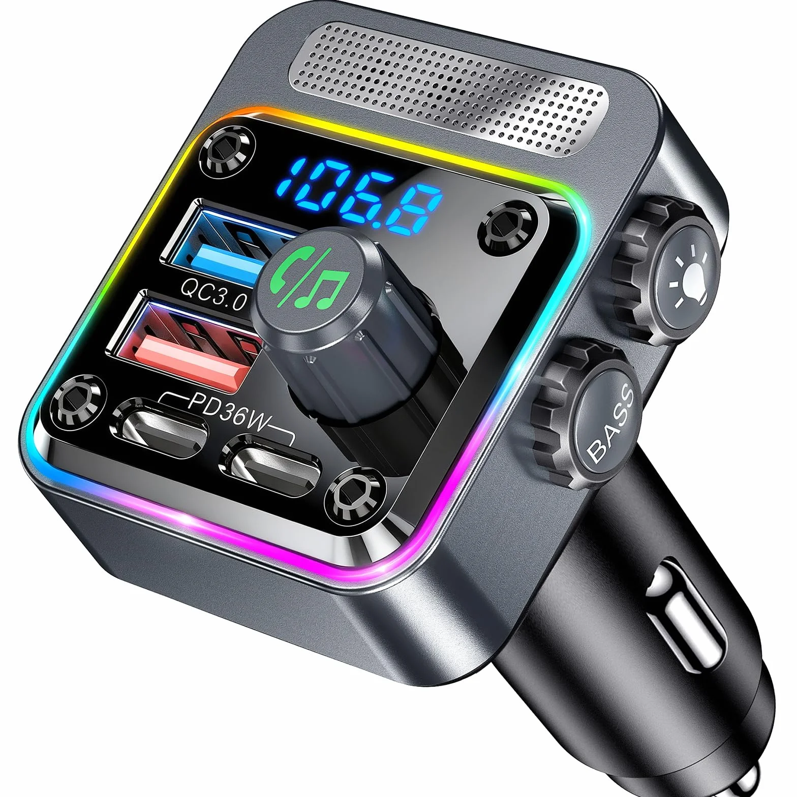 Gizmovine Transmisor FM Bluetooth Coche,Manos Libres Adaptador Bluetooth Radio Coche,Carga Rápida (USB C PD 36W QC3.0 18W),Mechero Accesorios Coche,Bass,Inalámbrico Reproductor Musica MP3