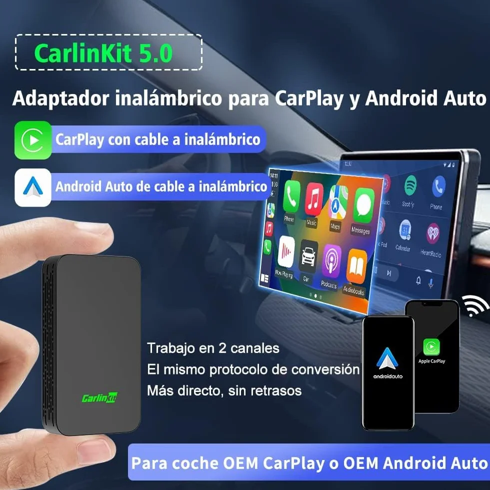 Carlinkit 5.0 CarPlay inalambrico y Android Auto inalambrico,2026 Upgrade CarPlay Android Auto Wireless Adaptador,For para Coches equipados con CarPlay y Androidauto(año de fabricación: 2016 a 2026)