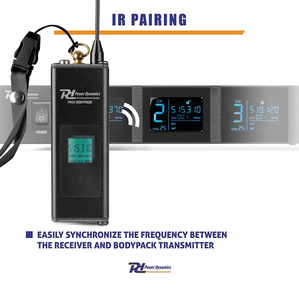 Power Dynamics PD524B Sistema de micrófono inalámbrico UHF con 4X Bodypacks, Micro de Solapa inalámbrico, Micro de Diadema inalámbrico, Recargable por USB, transmisión Infrarrojos, Ideal para Eventos