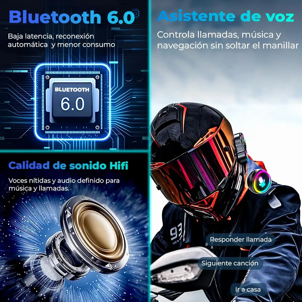 Auriculares Casco Moto Bluetooth 6.0, Auriculares Manos Libres, Doble Conexión, Cancelación de Ruido, Respuesta automática, Batería 20 h, Asistente de voz, Resistente al agua - No Intercomunicador.