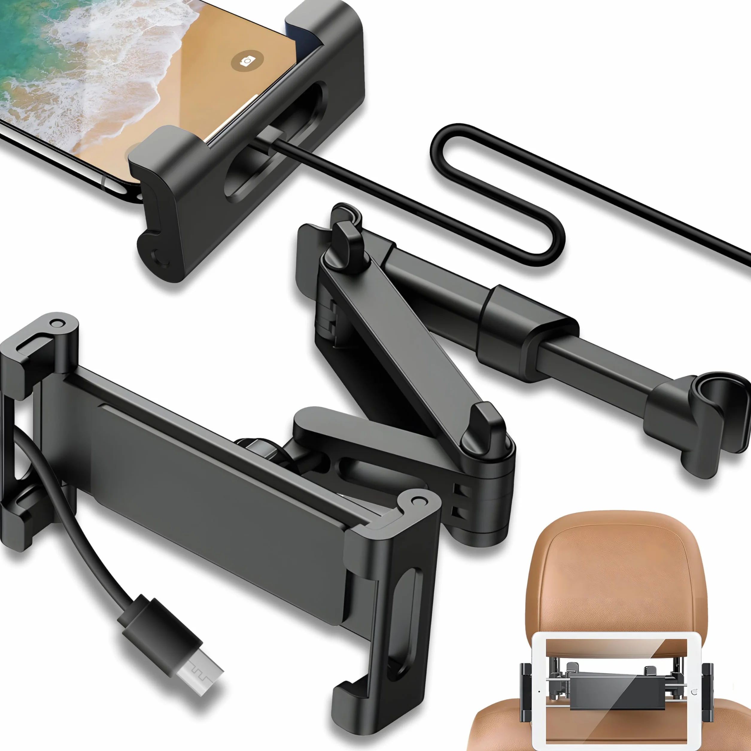 Retoo Soporte Tablet Coche Reposacabezas, Sujeta Cabezas 360° Rotación, Ajustable para Niños, Compatible con Dispositivos de 140-250mm, Funda y Accesorios para Móvil y Tablet