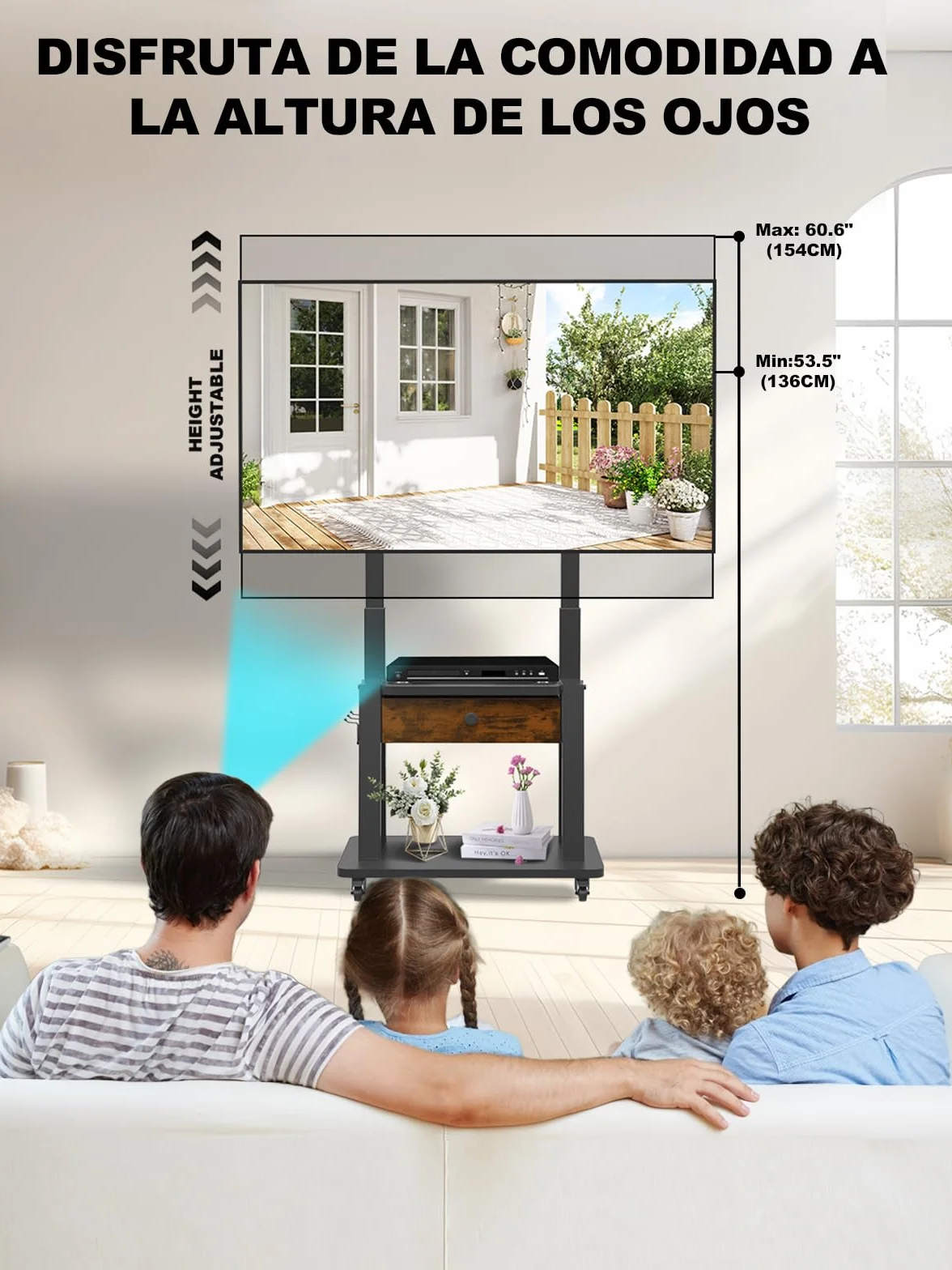 Soporte de TV rodante con toma de corriente y cajón de tela para visualización plana/curvada de 32-75 pulgadas de hasta 200 libras, LCD/LED/OLED, altura ajustable, carrito de TV móvil con ruedas, para
