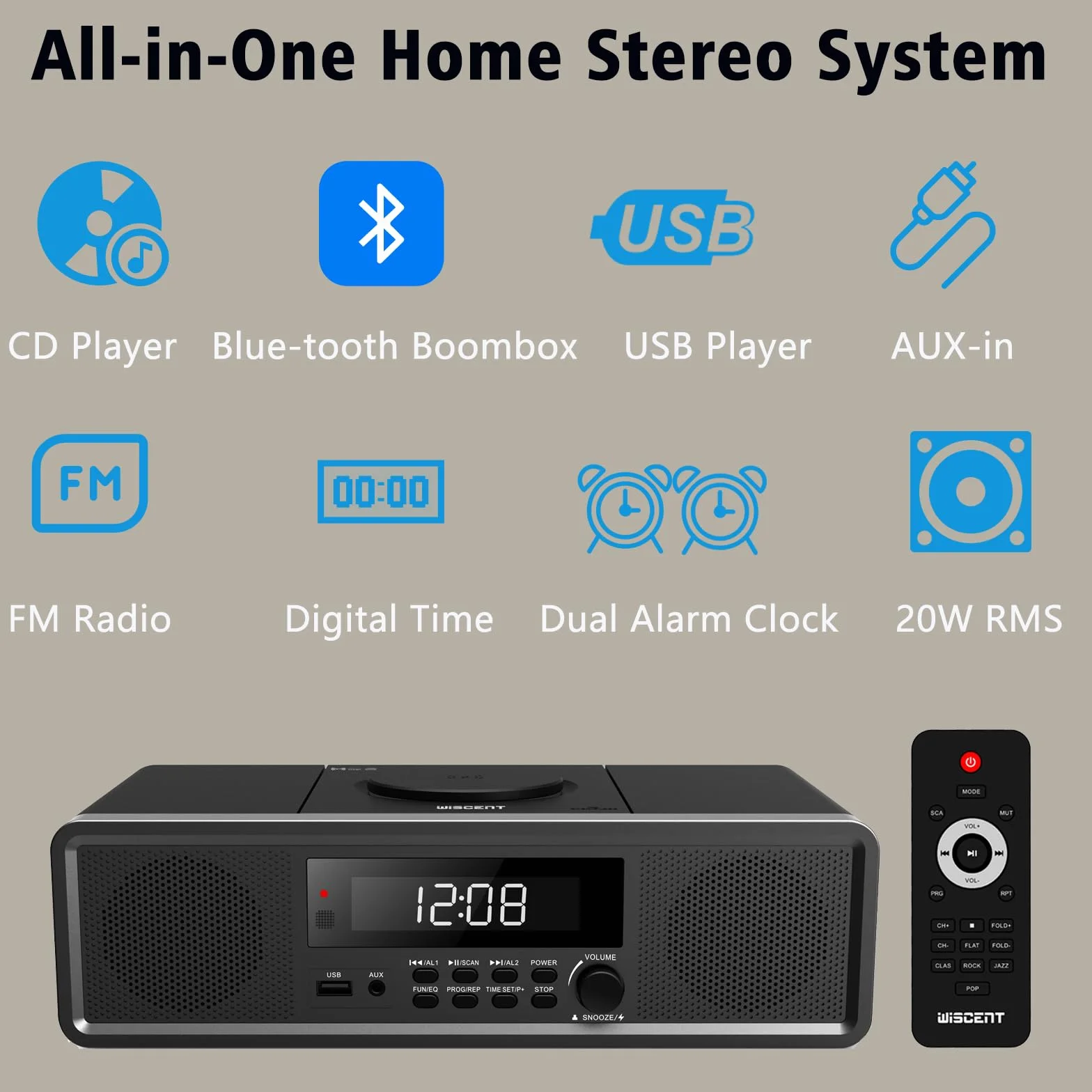 Sistema estéreo HiFi Compacta con CD, Radio FM, Bluetooth, USB, Auxiliar, Reloj Digital