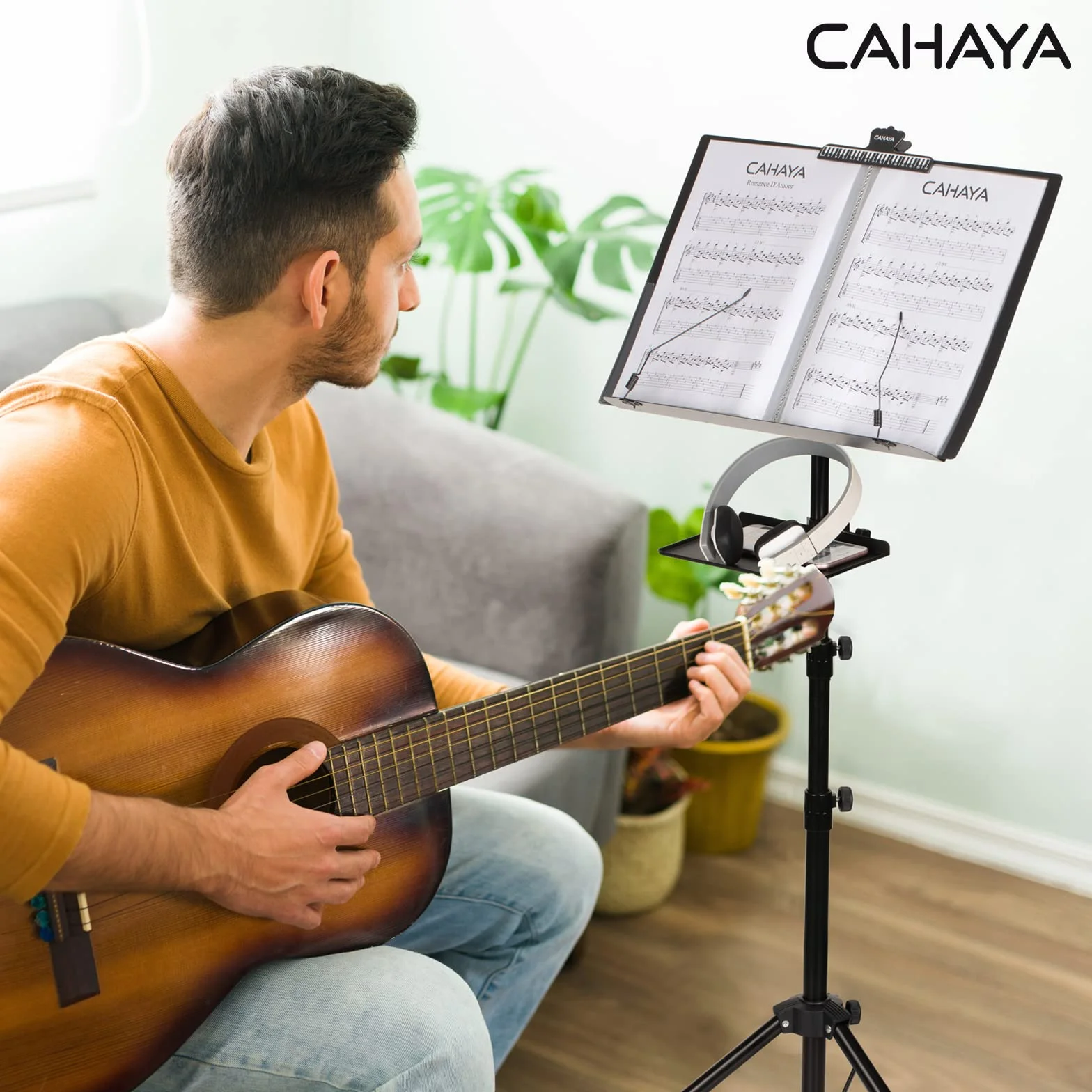 CAHAYA Atril Musica Extensible con Bolsa de Transporte Soporte para Partituras Plegable con Altura y Pestañas de Sujeción Ajustables Incluye Coleccionista de Musica
