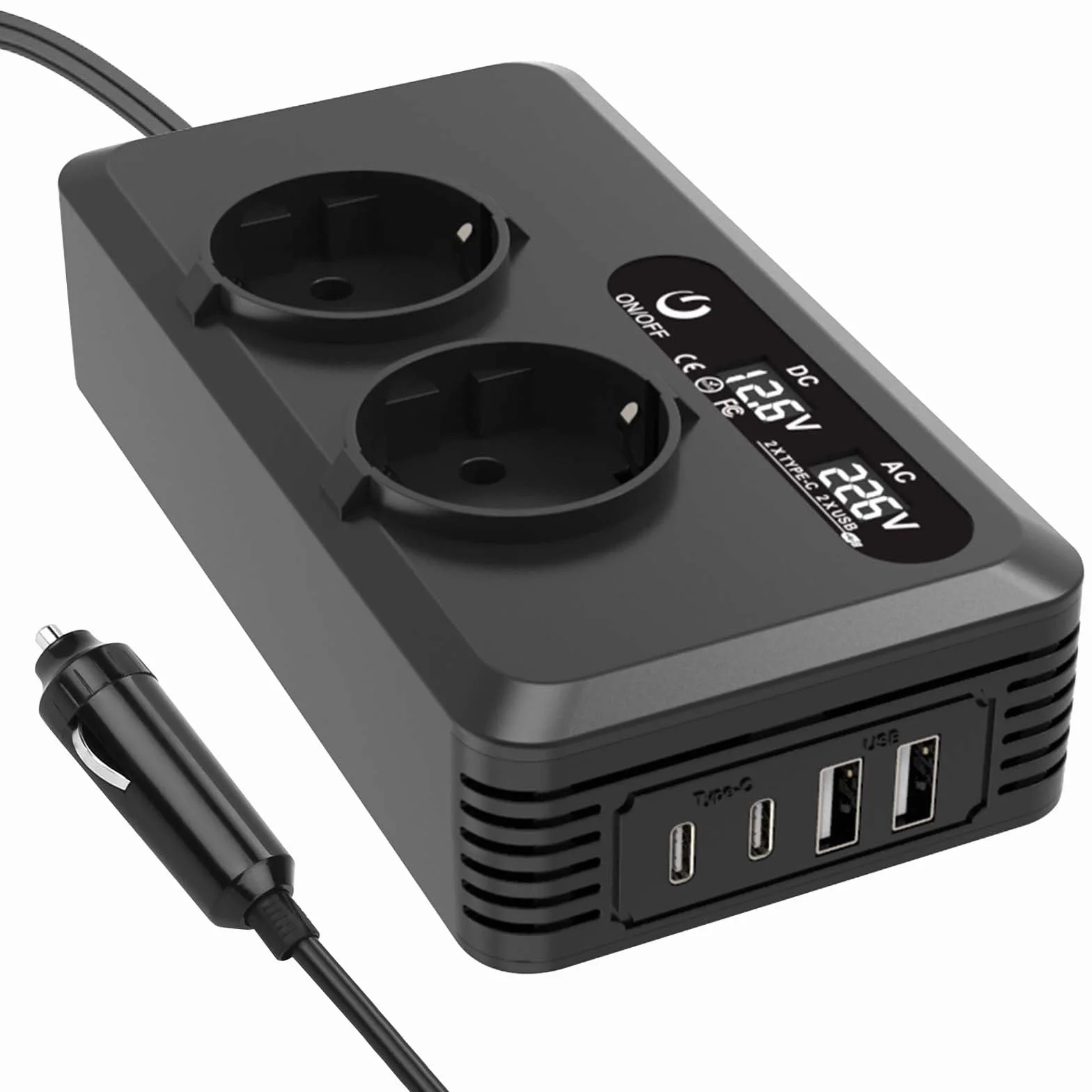 Transformador de voltaje para coche, 200 W, inversor de 12 V a 220 V, con 2 enchufes de carga, 2 puertos USB y 2 Type-C, adaptador para encendedor de cigarrillos, enchufe para teléfonos móviles