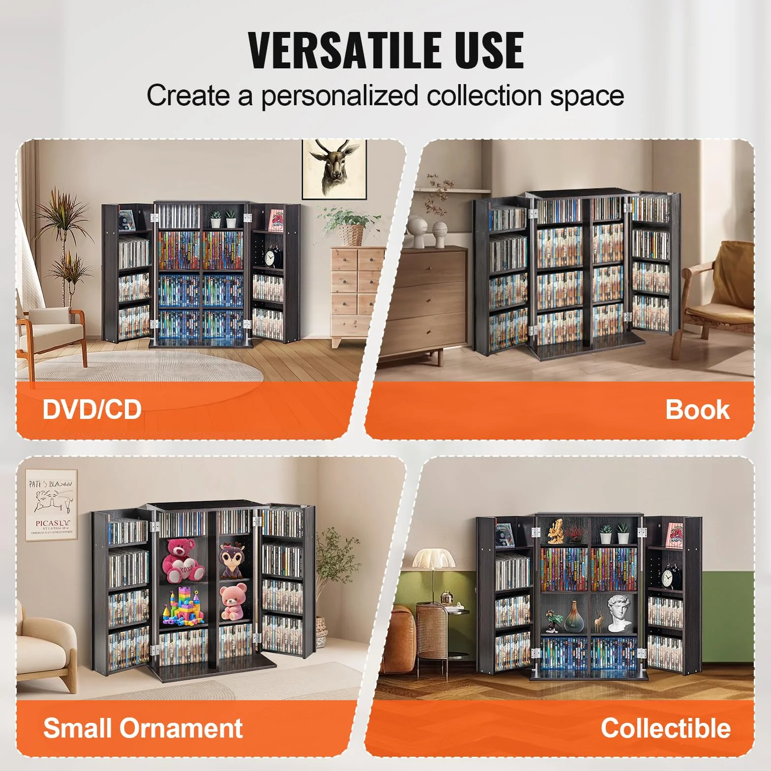 VEVOR Mueble de Almacenamiento Multimedia Mueble para DVD con Puertas y Estantes Capacidad para 576 CD Estante Ajustable de DVD para Películas, Videojuegos o Colecciones, Color de Café Expreso