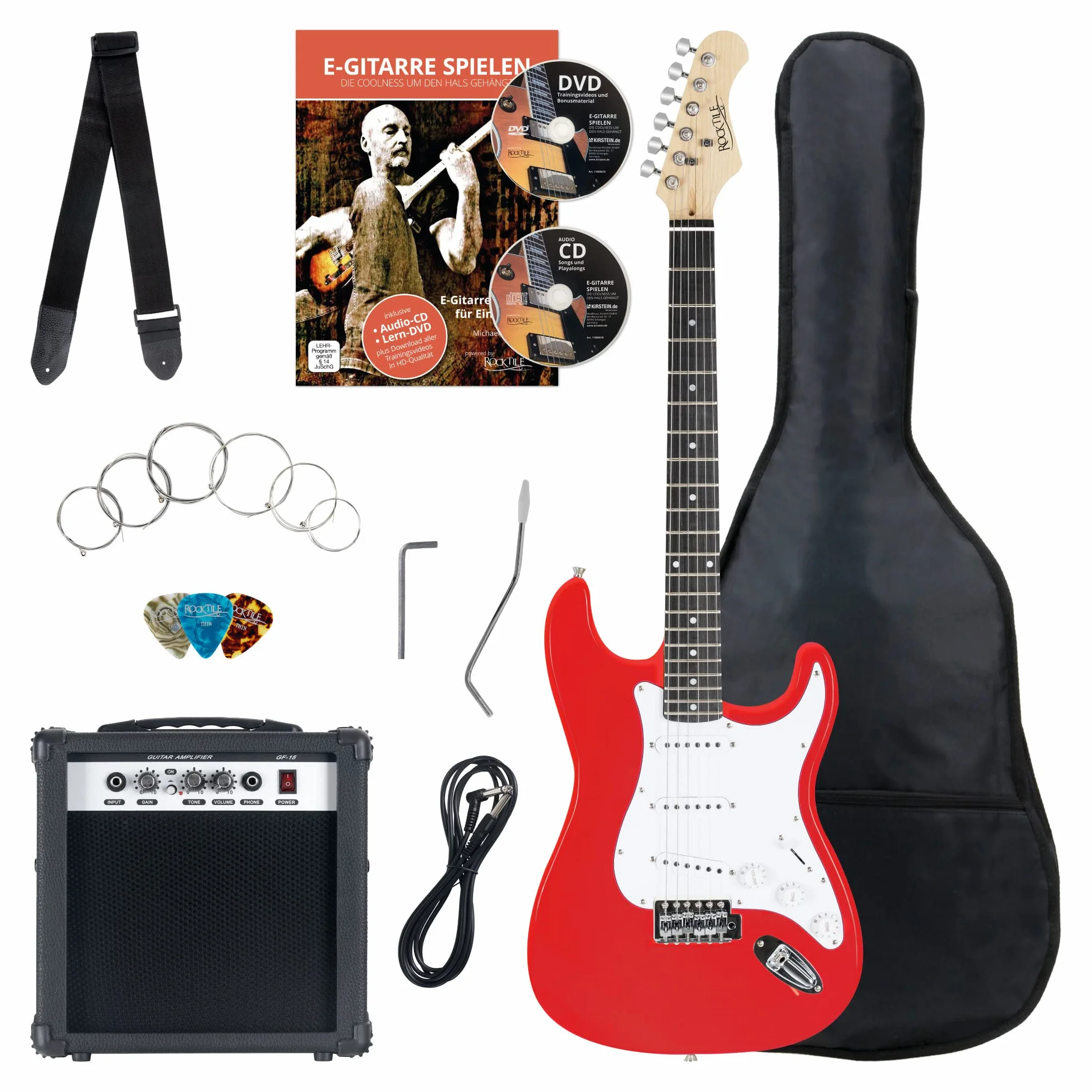 Rocktile Banger's Pack Kit de Guitarra Eléctrica Completo - Guitarra electrica con 3 Single-Coil pick-up - Juego con amplificador, bolsa, correa, cuerdas de repuesto y cable - Rojo