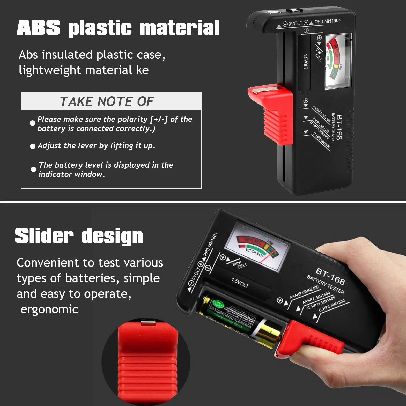 Comprobador de Pilas,Probador de la Batería,Probador Universal de Batería para pilas AA AAA C D 9V 1.5V y Célula del Botón (Negro)