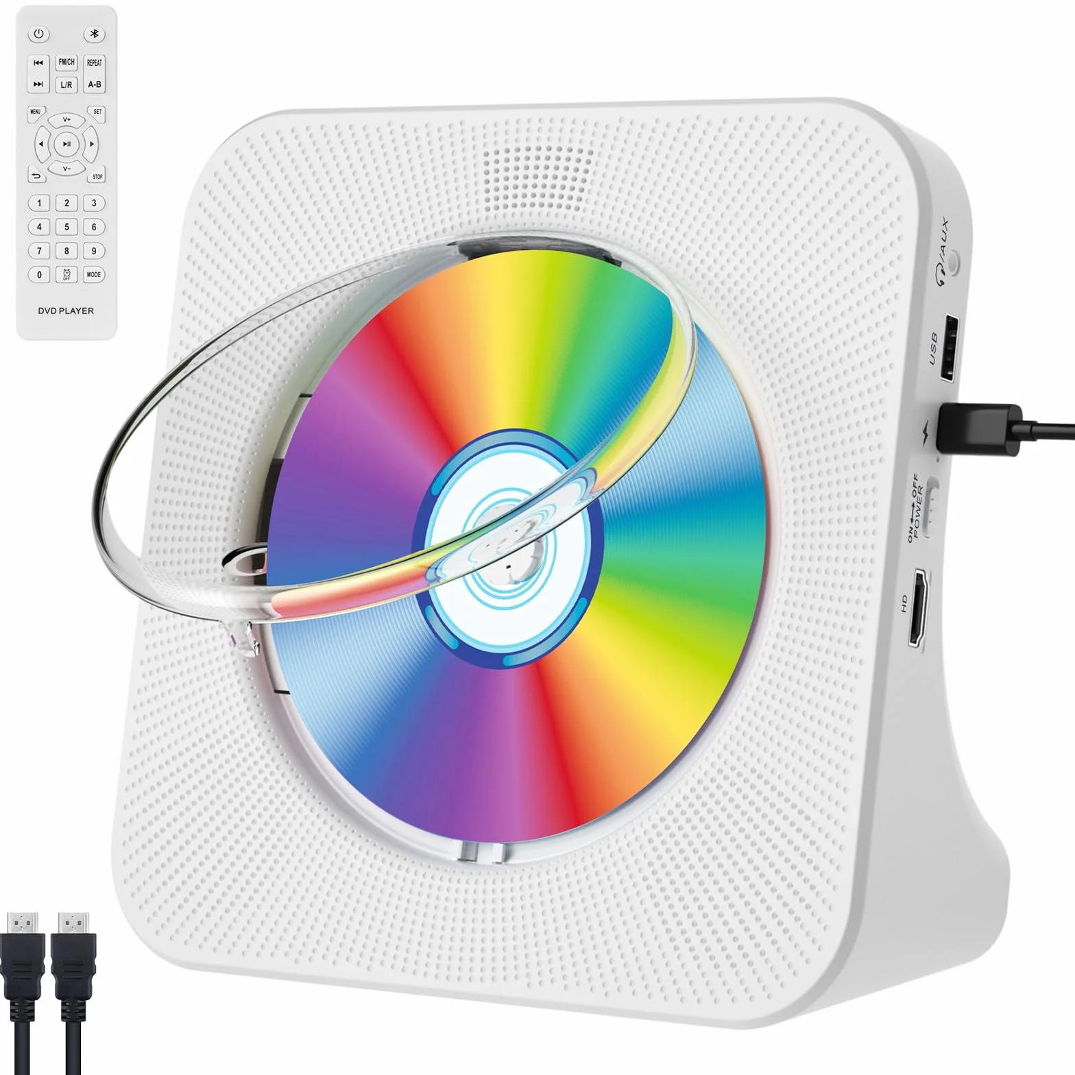 Qoosea Reproductor de DVD para TV con Bluetooth Reproductor de DVD y CD de Escritorio con Altavoces Pantalla Reloj Despertador Radio FM Reproducción de Tarjeta USB, Control Remoto e Cable HDMI(Blanco)