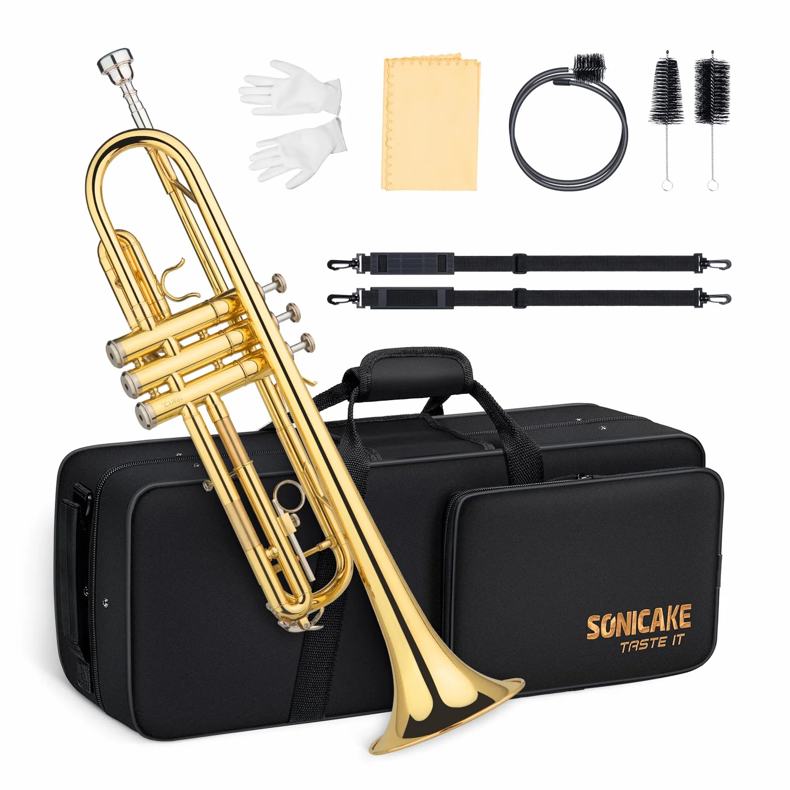 SONICAKE Trompeta Bb Estándar para Principiantes, Trompeta Estudiantil de Latón Dorado con Estuche Rígido, Boquilla 7C Guantes QTP-01