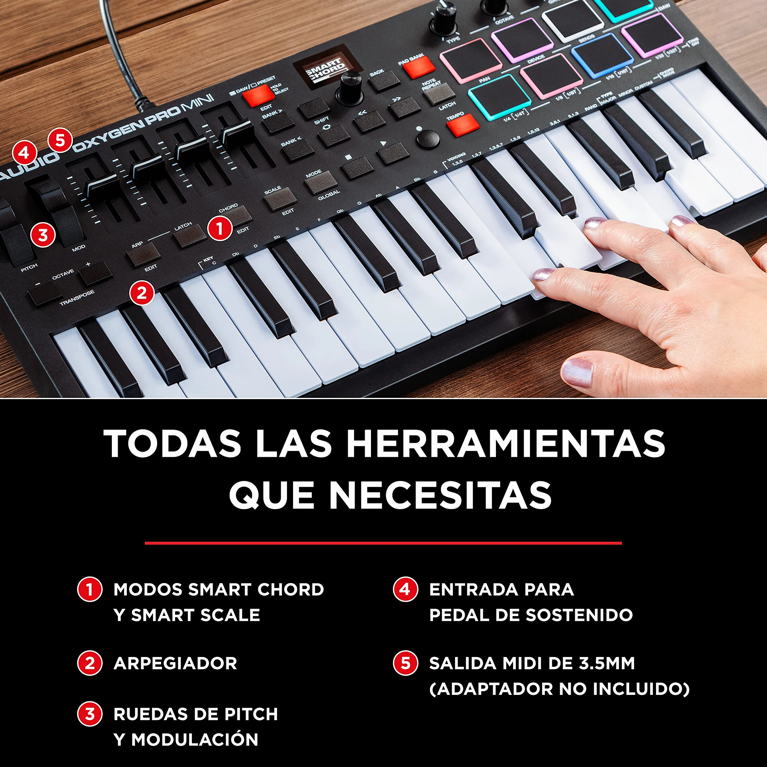 M-AUDIO Oxygen Pro Mini 32-Key USB MIDI Keyboard Controller para MacOS y WinOS, con Beat Pads, asignables perillas y faders, y Native Instruments Sound Pack (NKS Integración)