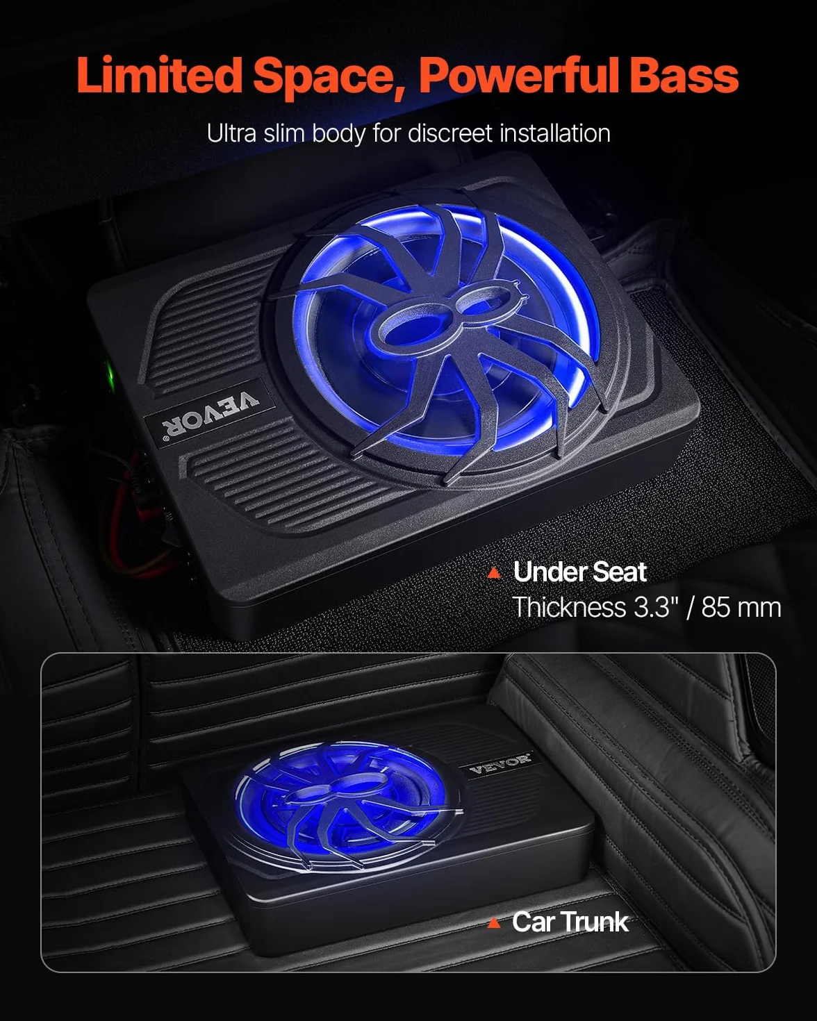 VEVOR Subwoofer para Debajo del Asiento para Automóvil 254 mm 440 W Altavoz Compacto para Coche Amplificador Incorporado Entrada Bajo Controlador de Volumen Control Remoto con Cable