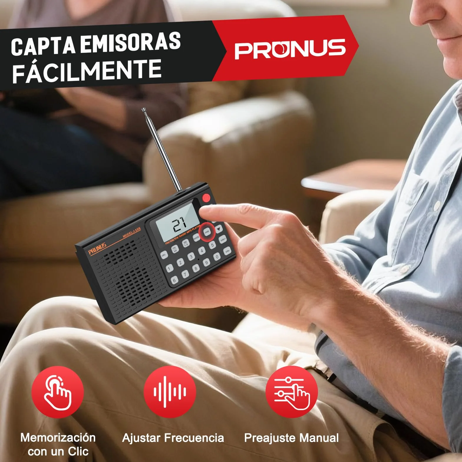 PRUNUS J-168 FM/Am/SW Radio Digital con Preajuste Manual, Radio Portatil Pequeña Recargable de 2000mah, Temporizador de Sueño, Excelente Recepción, Radios con Bluetooth 5.0, Reproductor de TF.