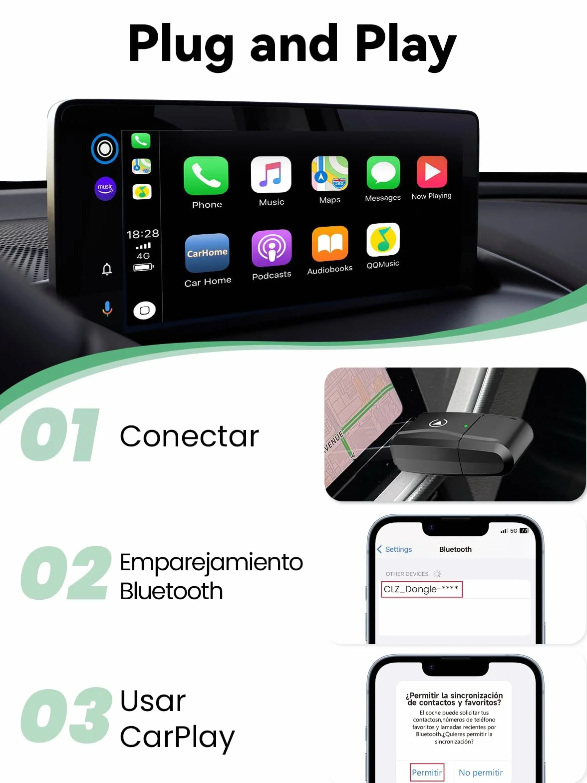 S3 Adaptador Carplay Inalámbrico para iPhone, Convierte Cableado a Inalámbrico, USB A/C Plug and Play, Compatible iOS 10+ y Coches con Car Play Desde 2016