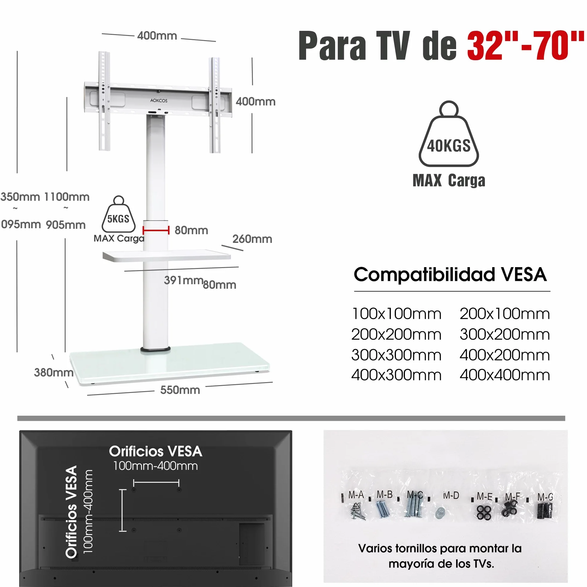 AOKCOS Soporte TV Pie Suelo para 32-70 Pulgadas, Inclinable Giratorio Altura Ajustable, con Laminado máx VESA 400x400mm 40kg Blanco