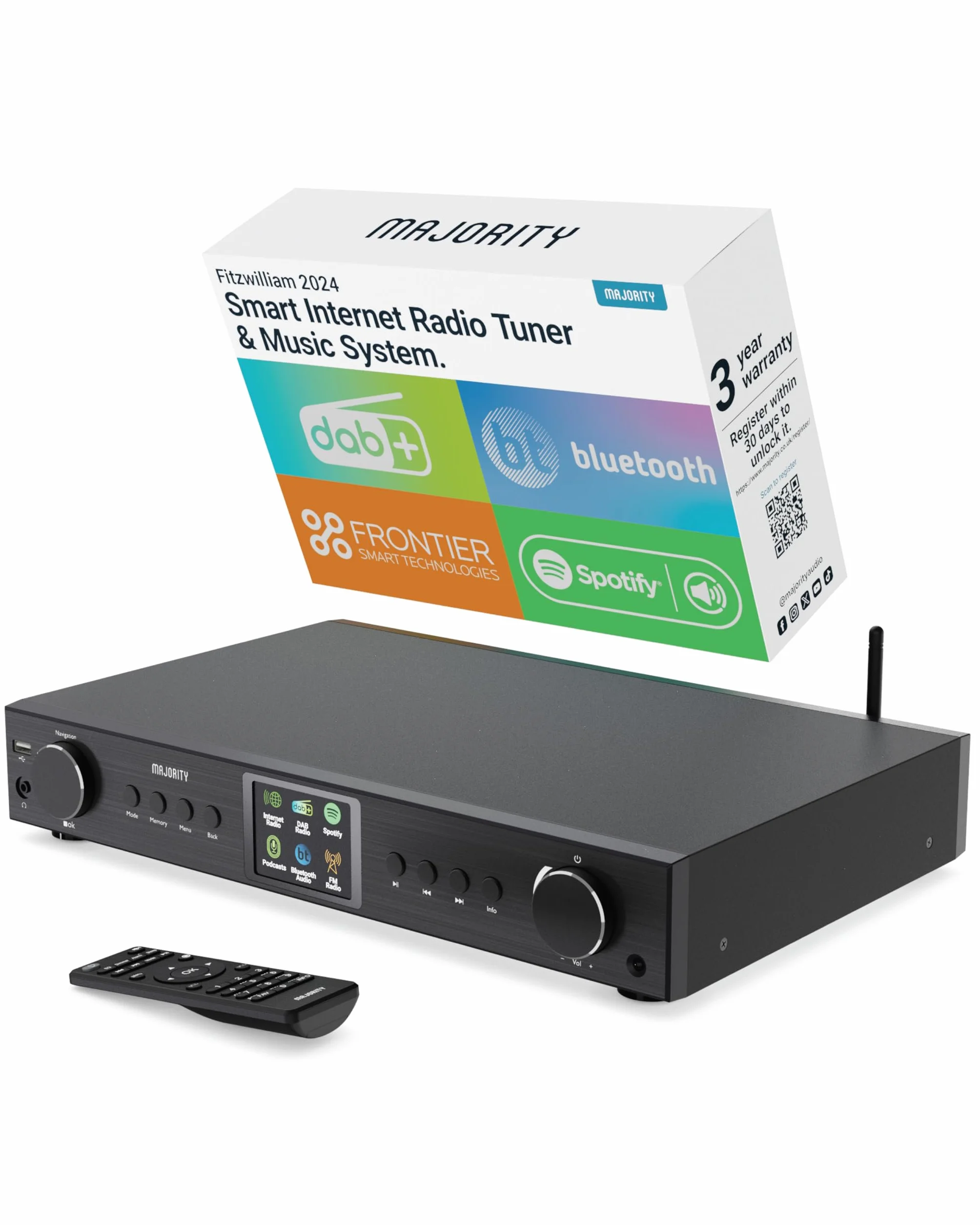 Radio Internet WiFi Sintonizador | Receptor de Radio Digital Dab+ & FM | Spotify Connect & Podcasts | Bluetooth Adaptor para Pila HiFi | Mando a Distancia Incluido | MAJORITY Fitzwilliam (Negro)