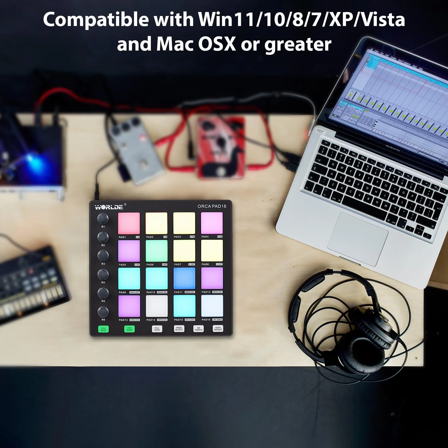 Controlador MIDI, controlador MIDI HUIOP Máquina de Beat Maker 6 perillas asignables, botones de repetición de notas de nivel completo y software de producción, mini controlador MIDI portátil,