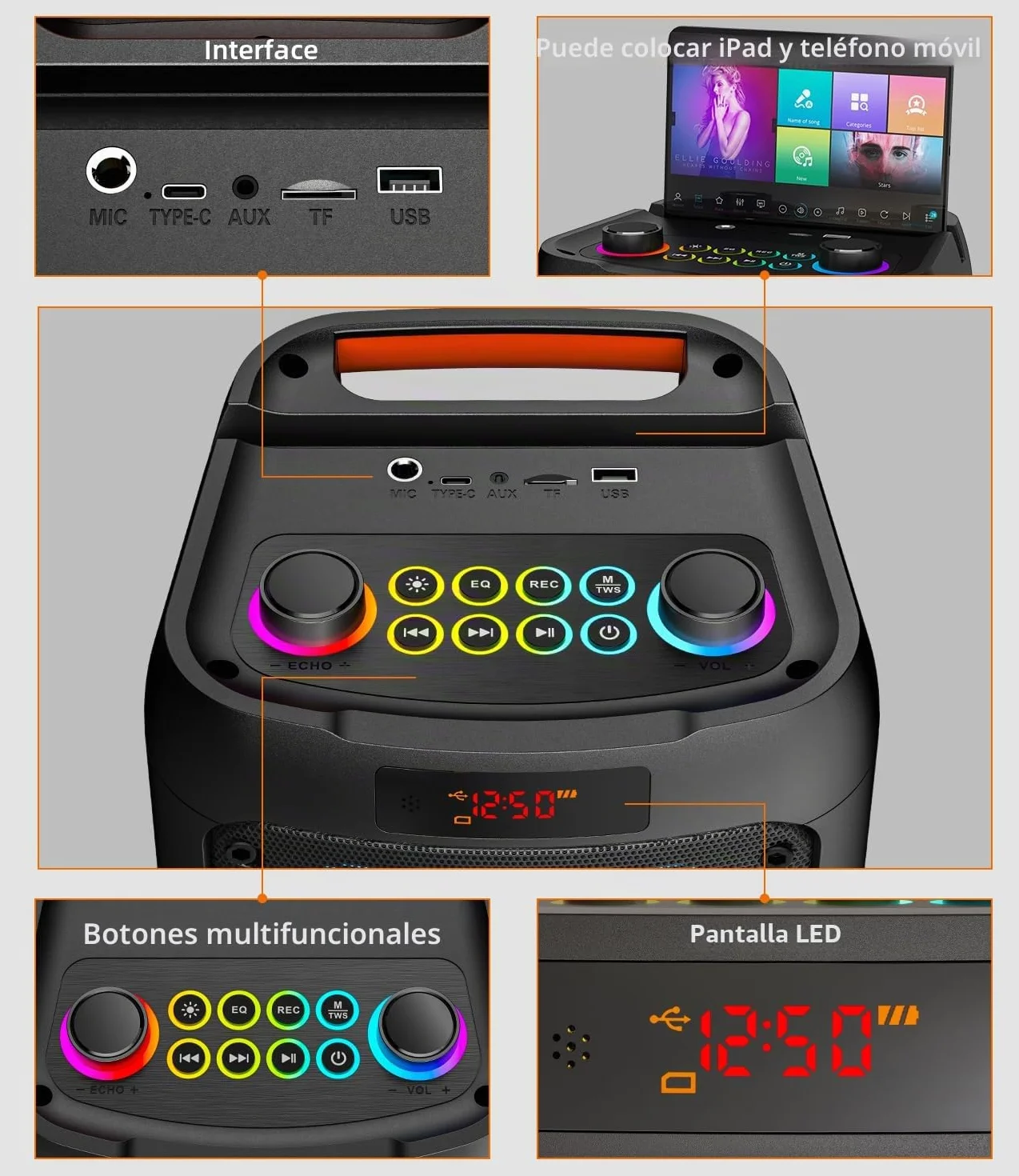 Máquina de Karaoke 2 microfonos inalambricos,Altavoz Karaoke Profesional Completo,Bluetooth portátil con Luces LED,Sistema PA,para Fiestas,Regalo,al Aire Libre,soporta Bluetooth/TF/USB/AUX/TWS