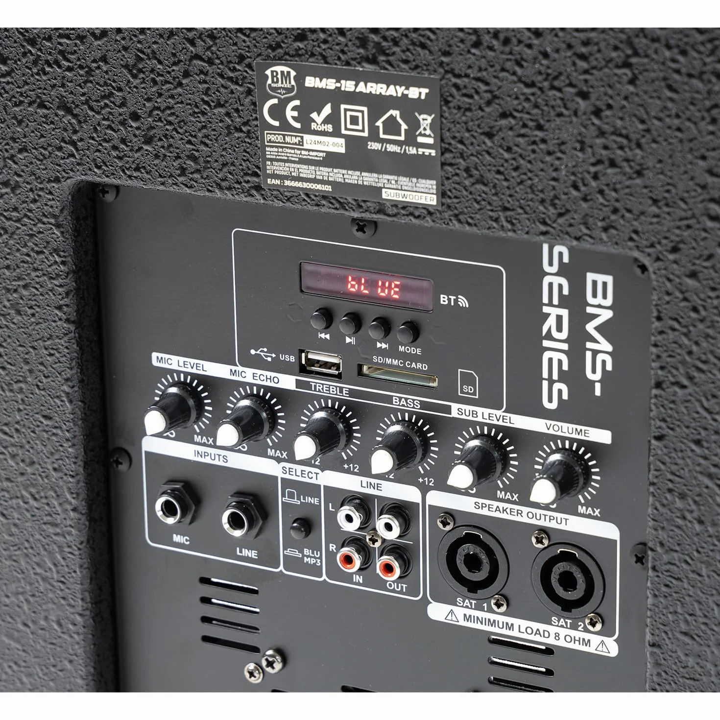 Pack de sonido DJ completo 2400 W BM Bmsonic BMS-15-ARRAY-BT, 4 altavoces satélites, cajas de 38 cm USB/Bluetooth soportes cables