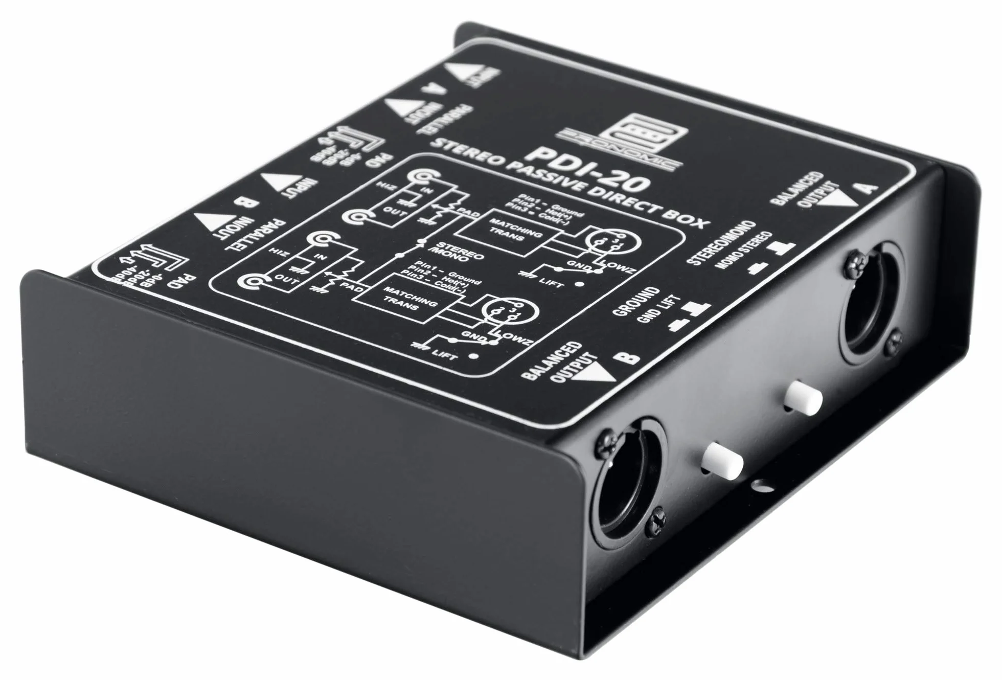 Pronomic PDI-20 caja DI pasiva estéreo - Rango de frecuencia: 15 Hz - 30 kHz - Interruptor estéreo/mono - Interruptor de atenuación - Ground-Lift - negro