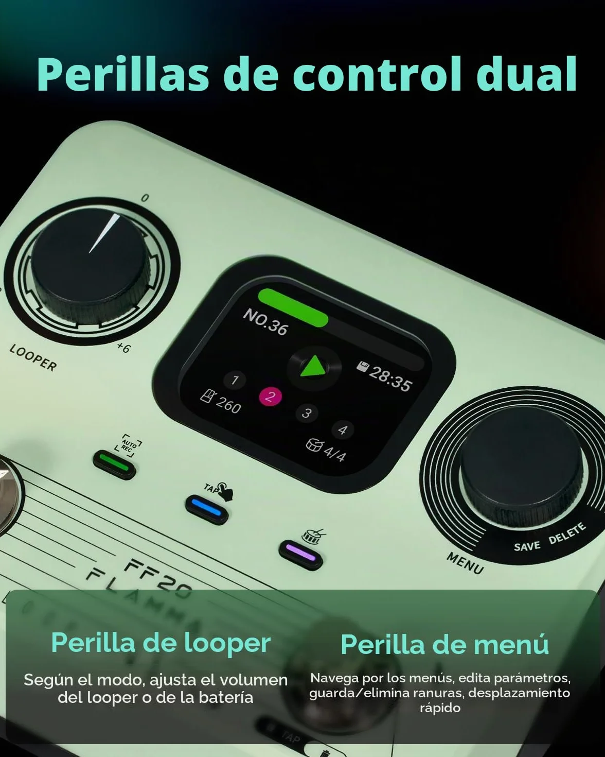 FLAMMA FF20 Looper Pedal Drum Machine, pedal de guitarra con pantalla, grabación de 300 minutos, 220 ranuras de tambor, 100 ranuras de bucle, estiramiento de tiempo, grabación automática, USB y salida