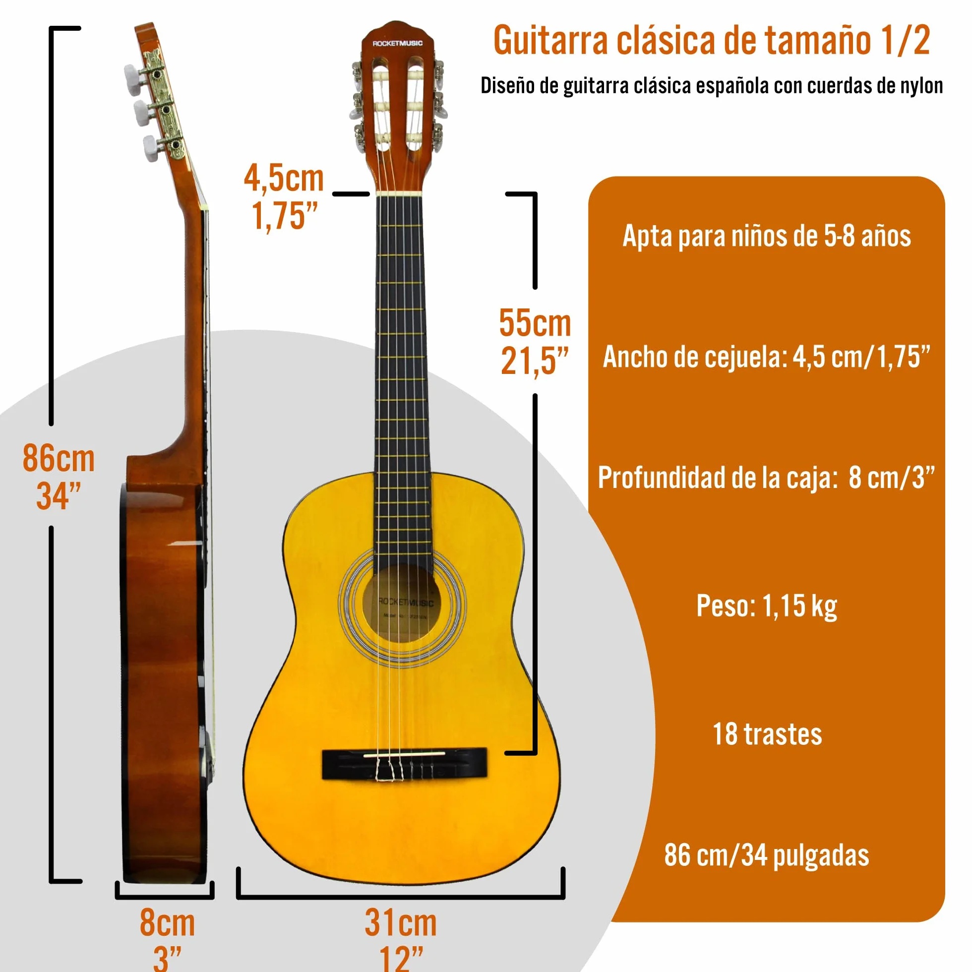 3rd Avenue Pack de guitarra clásica española de tamaño 1/2 para niños XF de 3rd Avenue, Guitarra acústica con cuerdas de nylon, funda de transporte, cejilla y púas, Natural