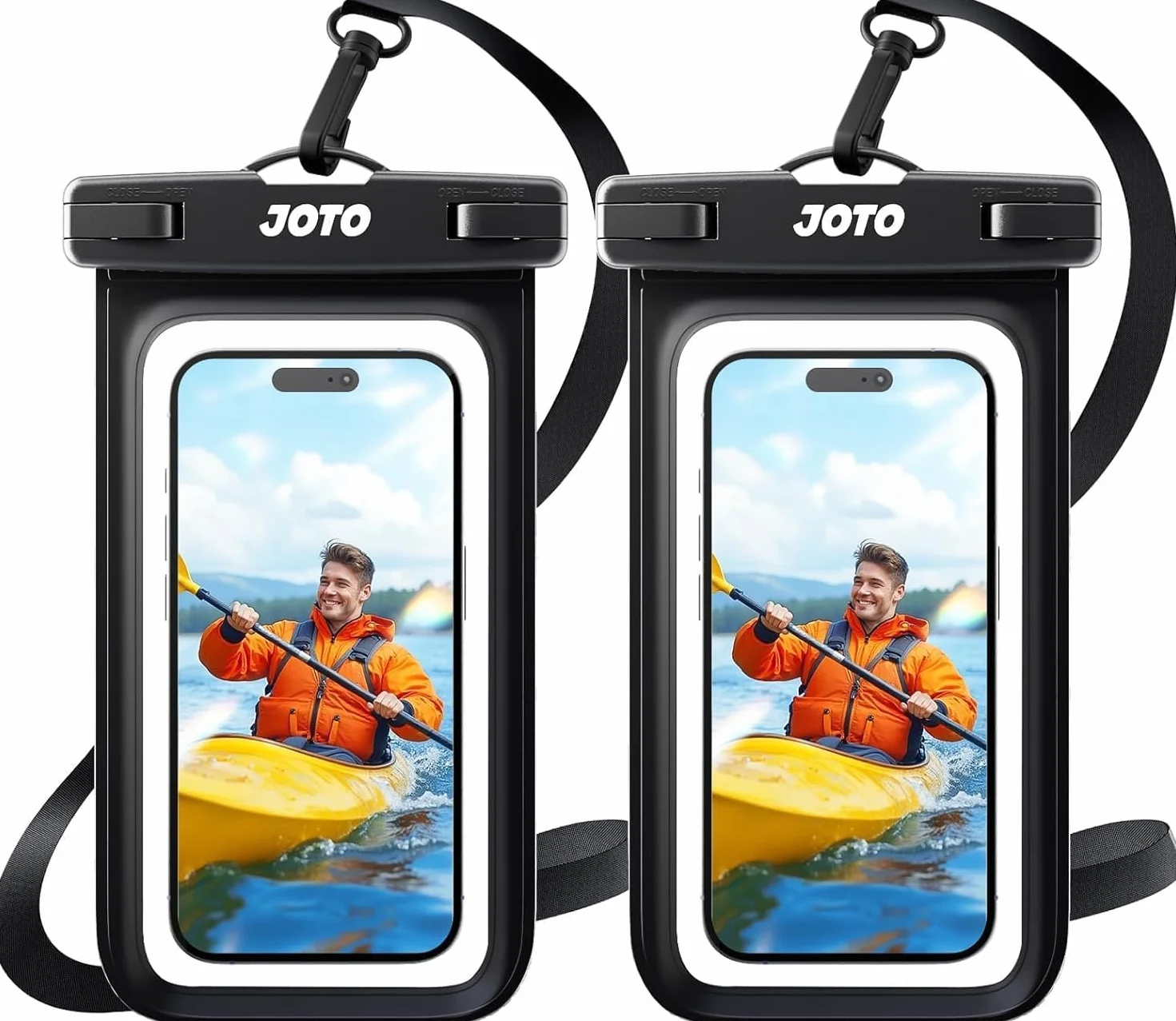 JOTO Funda Impermeable Móvil [2 Unidades], Funda Acuática IPX8 con Cuerda Ajustable para iPhone 17/16/15/14/13/12 Air/Pro MAX, Galaxy S20+/S10e, Huawei y Otros Móviles hasta 7" -Negro