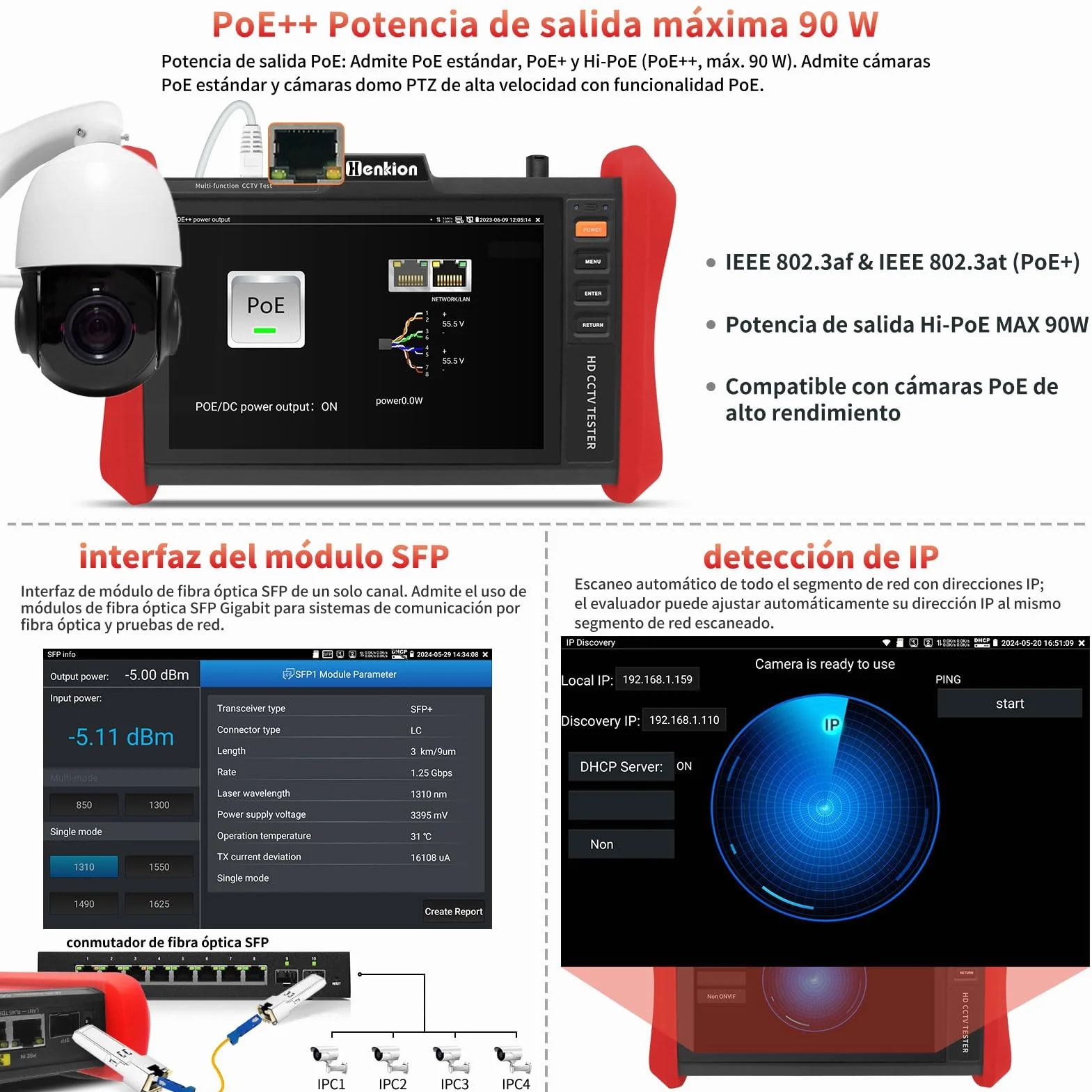 Monitor Probador de CCTV 4K 12MP - Tester Cámaras IP con PoE++ Máx 90W - Probador Cámaras 8MP TVI/CVI/AHD/CVBS Coaxial, Módulo SFP 1CH, WiFi, Herramientas Red, Tester de Cables, HD/VGA, Detección PoE