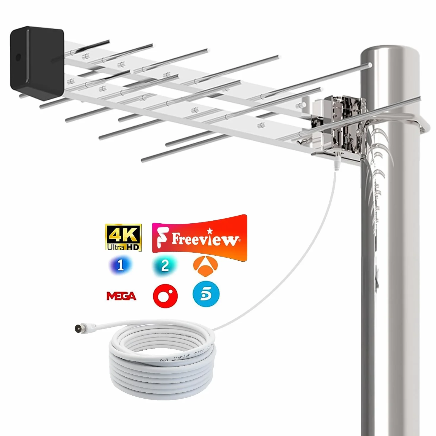 Antena TDT Exterior para Smart TV, Recepción UHF/VHF, DVB-T2/DVB-T, HD 4K/1080P, Resistente al Clima, Cable Coaxial 10m