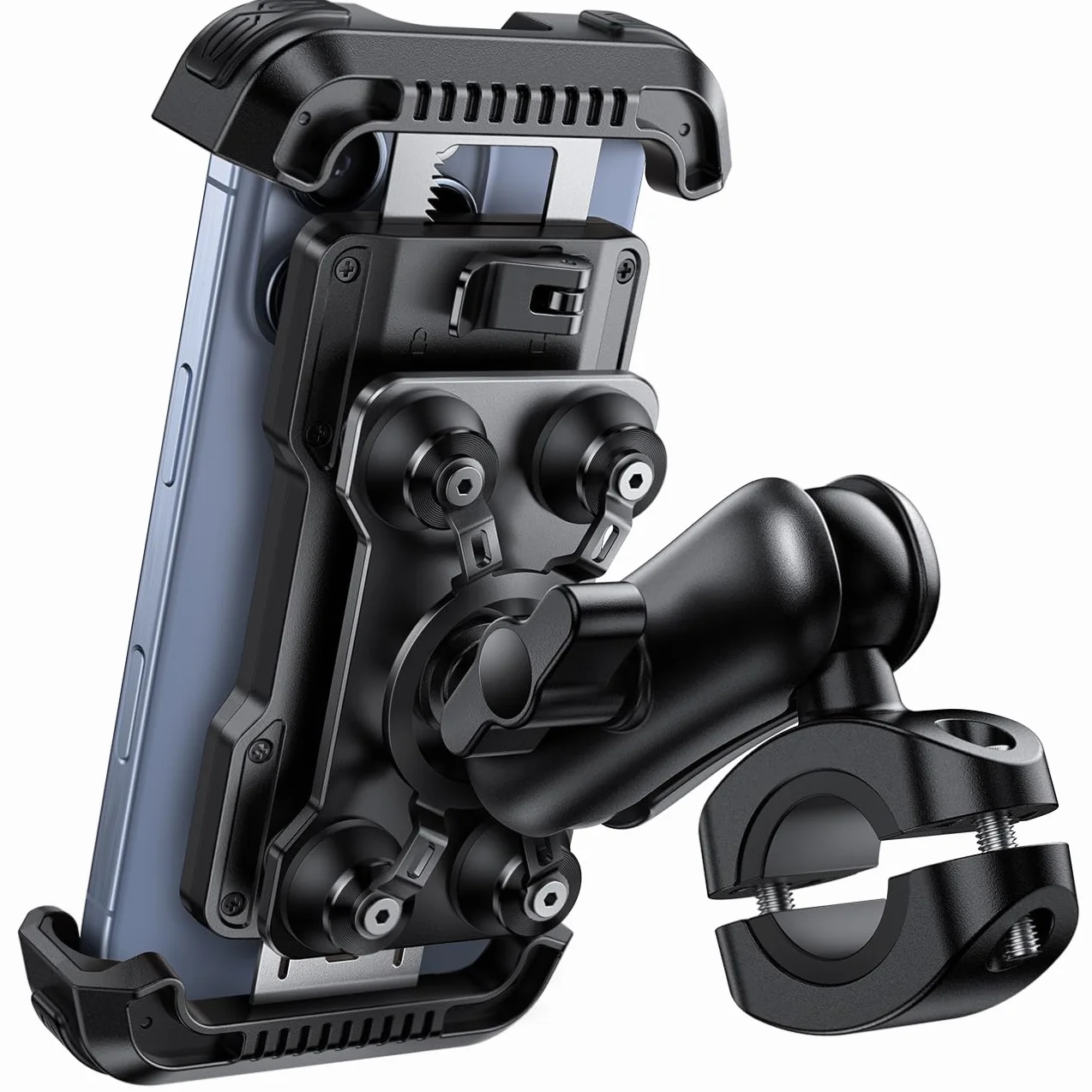 Lamicall Soporte Móvil Moto Doble Antivibración Brazo Extensible Metálico Antirrobo 360° Giratorio para iPhone 17 16 15 4,7-6,7"