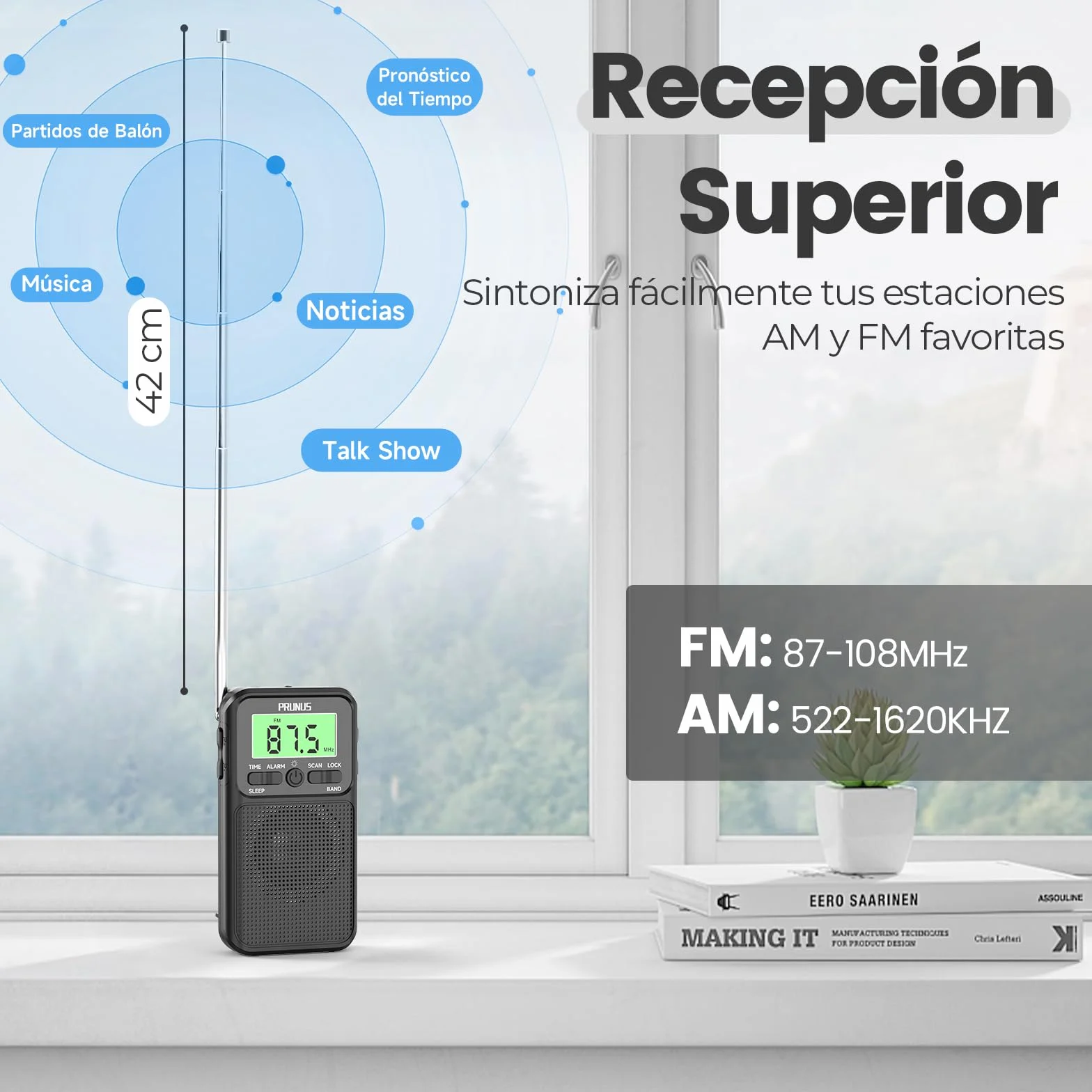 PRUNUS J-128 Radio Portátil Pequeña AM/FM Digital con Despertador, Temporizador de Sueño, Pilas