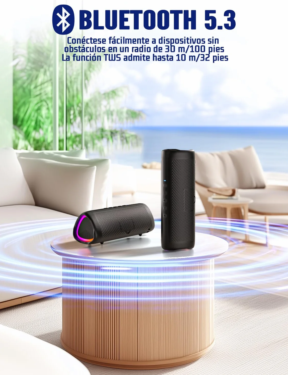 UOHHBOE Altavoz Bluetooth 5.3, 30W Potente con Luz LED, IPX5, 24H Reproducción, TWS