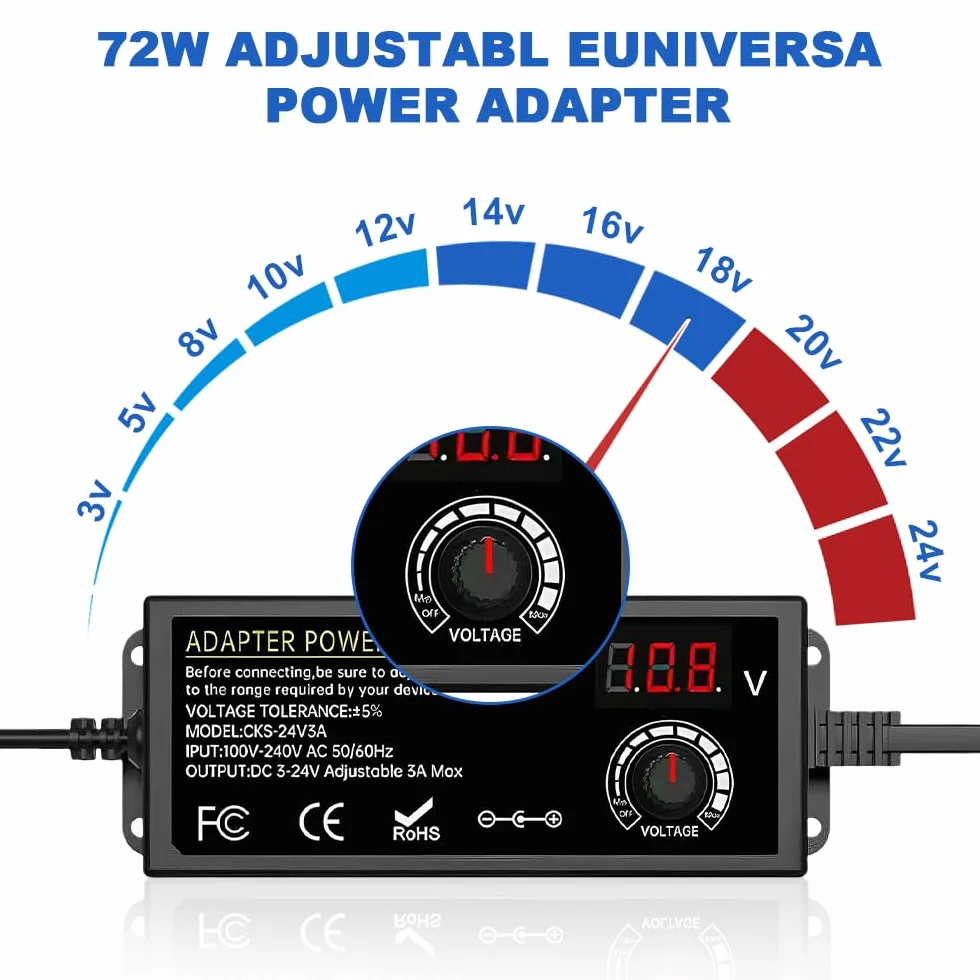 Fuente de Alimentación Universal 3V-24V, Fuente de Alimentacion Regulable 3A 72W, 100-240V AC a DC Adaptador de Corriente Universal con Pantalla Digital y 14 Conectores, Motor CC, 3A Máx