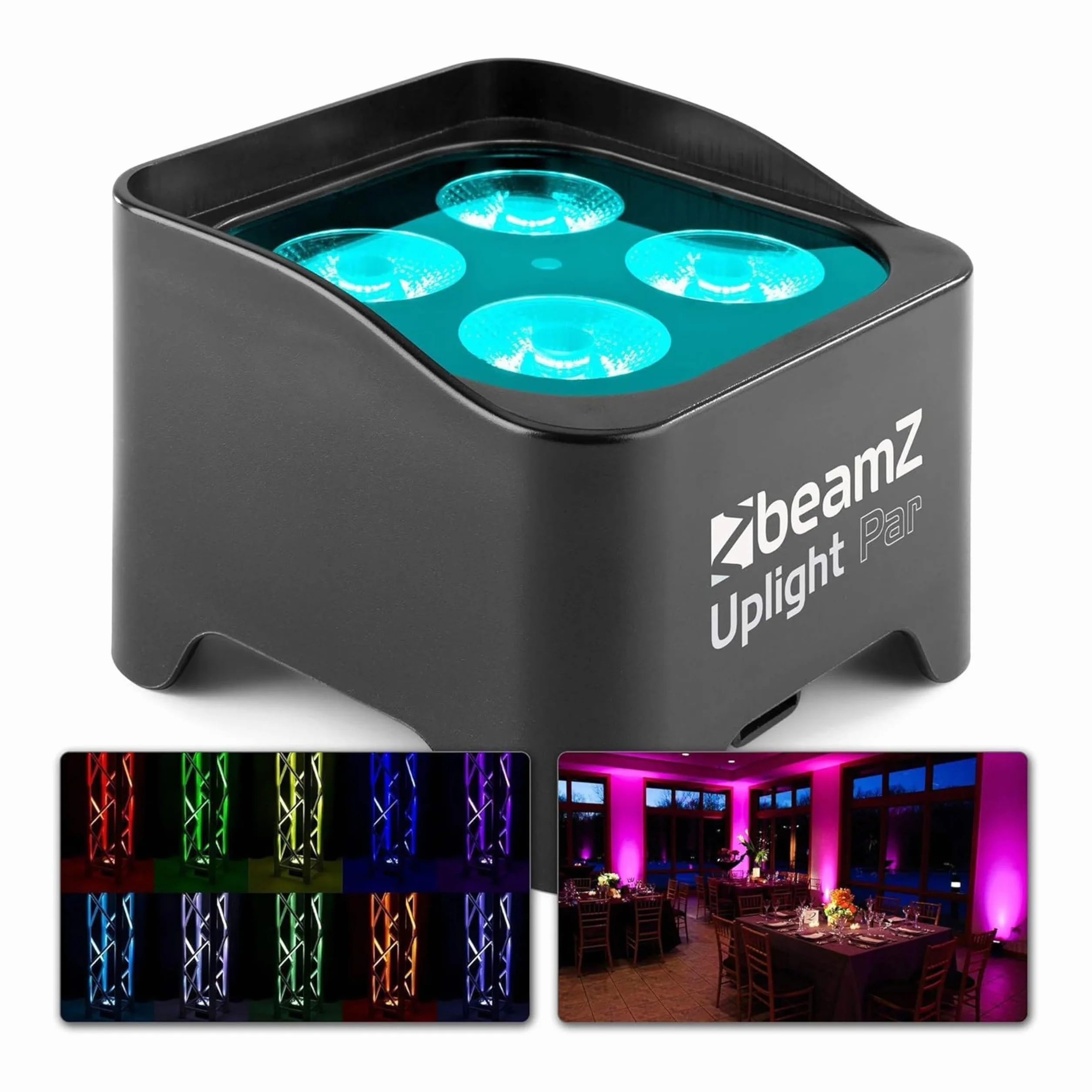BeamZ BBP90 – Pack 4 unidades – 4 Foco Par Led batería 4 x 4W RGB-UV, mando IR, DMX 7ch RJ45 con adaptador XLR, 1077 lx, 24°, dimmer 16bit, estrobo 1–22Hz, hasta 20h, recarga 3h, IP20, color negro