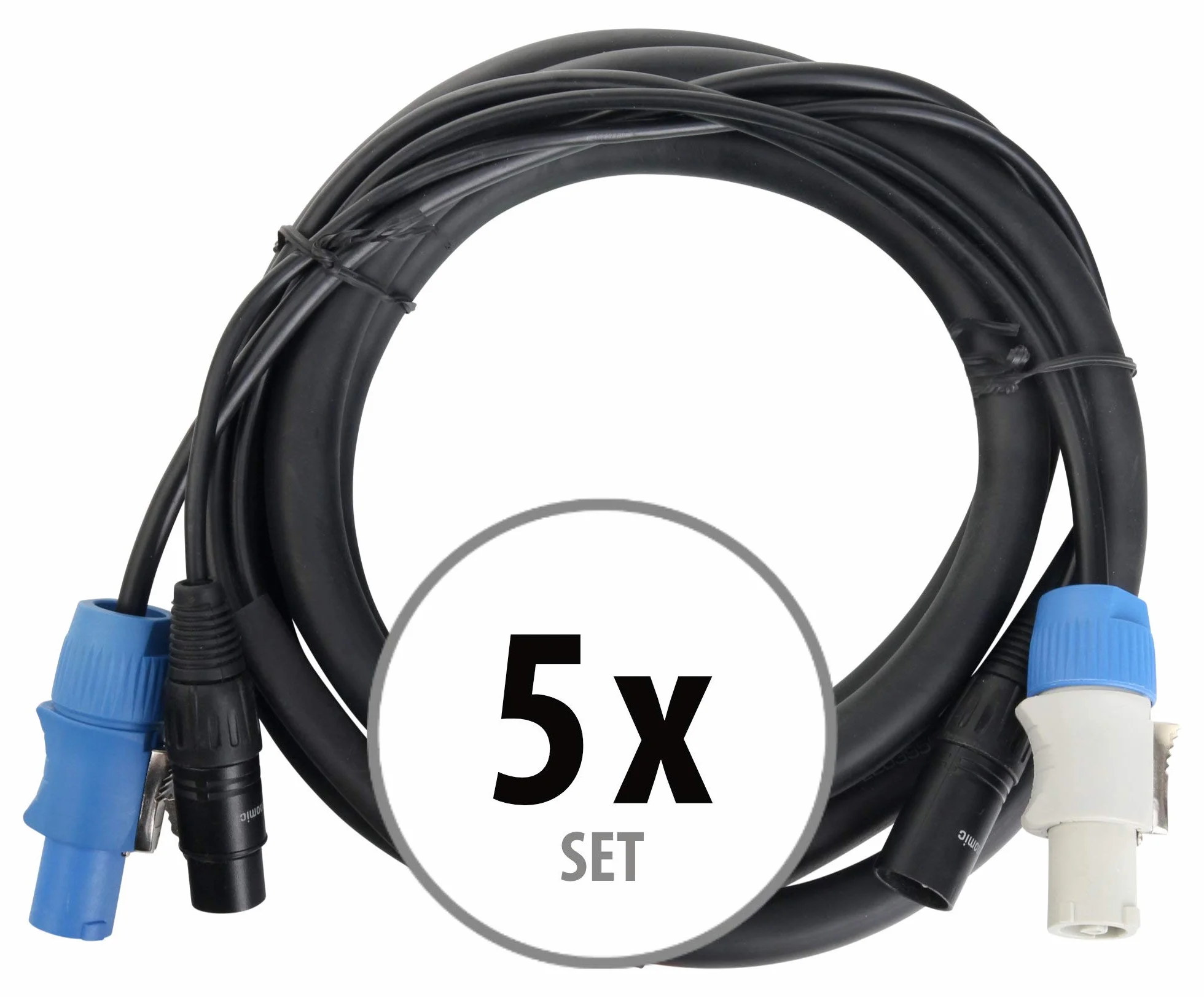 Pronomic Stage PPD-2.5 Cable Híbrido Powerplug/DMX Set de 5 - Cable combinado para alimentación y señal DMX - Sin enredos al conectar efectos de luz - Longitud: 2,5 m - Negro
