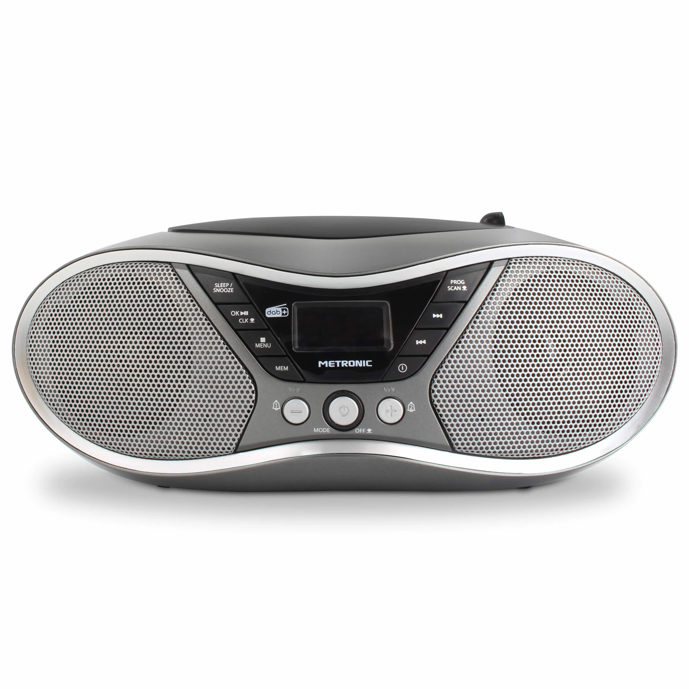 Metronic Radio CD portátil con USB MP3 FM RDS DAB+ entrada audio salida auricular doble alarma gris negro