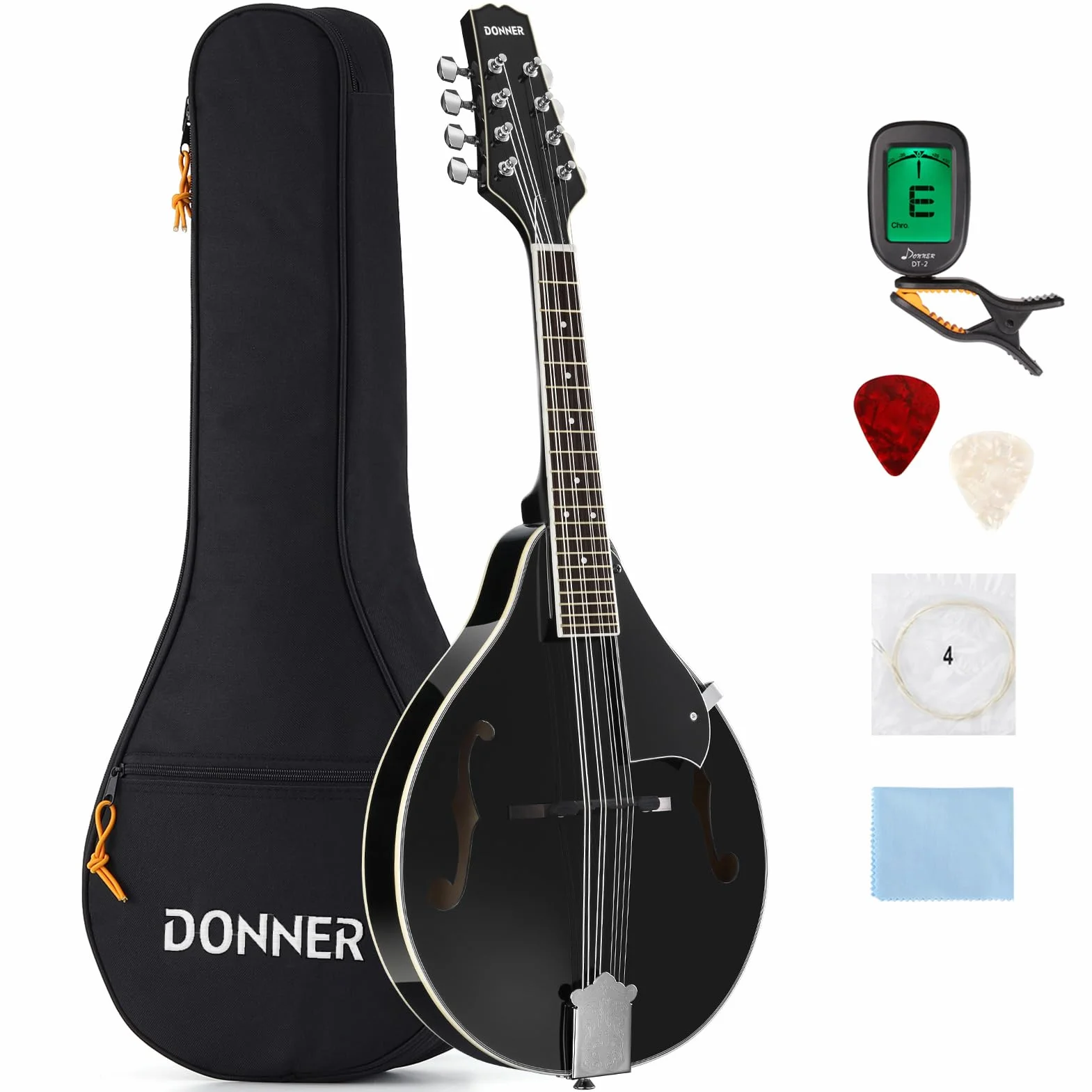 Donner Mandolina Instrumento en Caoba Mandolina Musical 8 Cuerdas Estilo A Set Mandolinas Tradicional con Afinador Cuerdas Funda y Púas (Negro, DML-100B)