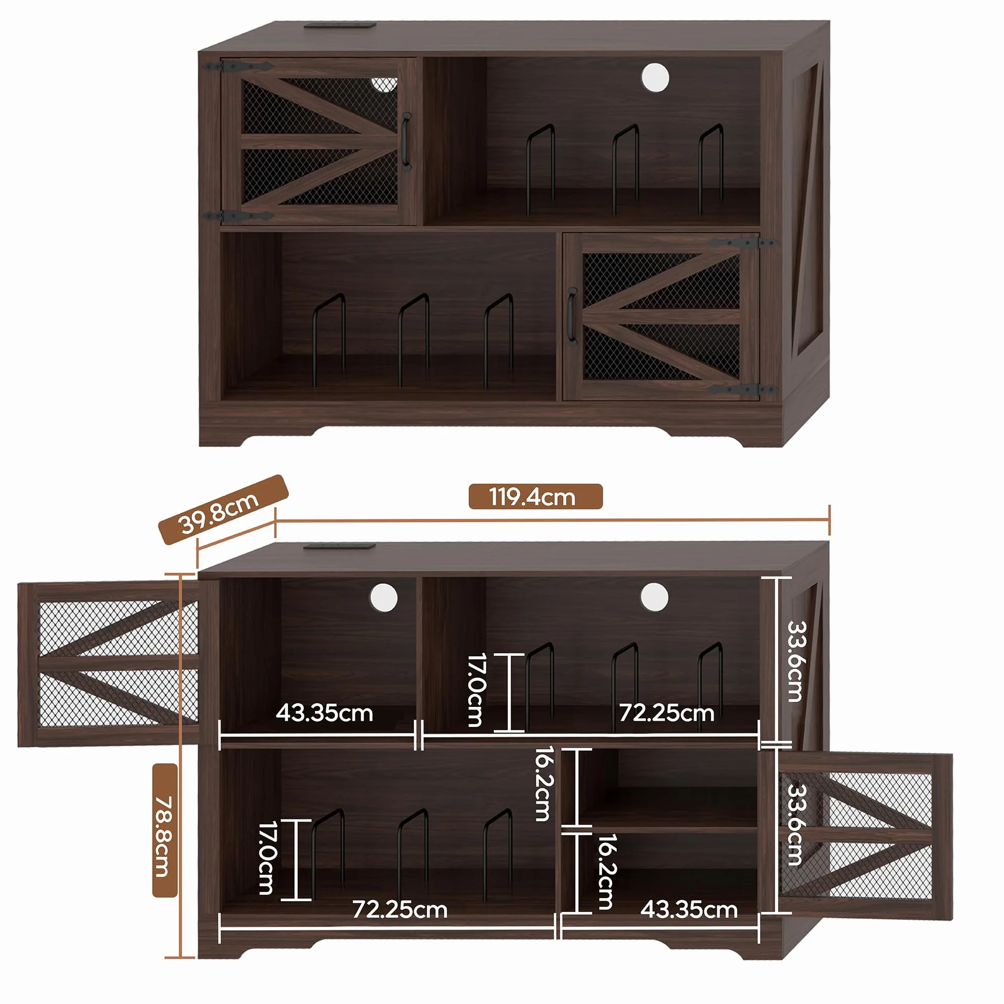 MDF Mueble para Discos de Vinilo con Acabado Nogal,Soporte para 500+ Vinilos, 2 Enchufes & 2 USB, Antivuelco, Mueble Compacto para Salón y Tocadiscos,Color Nogal