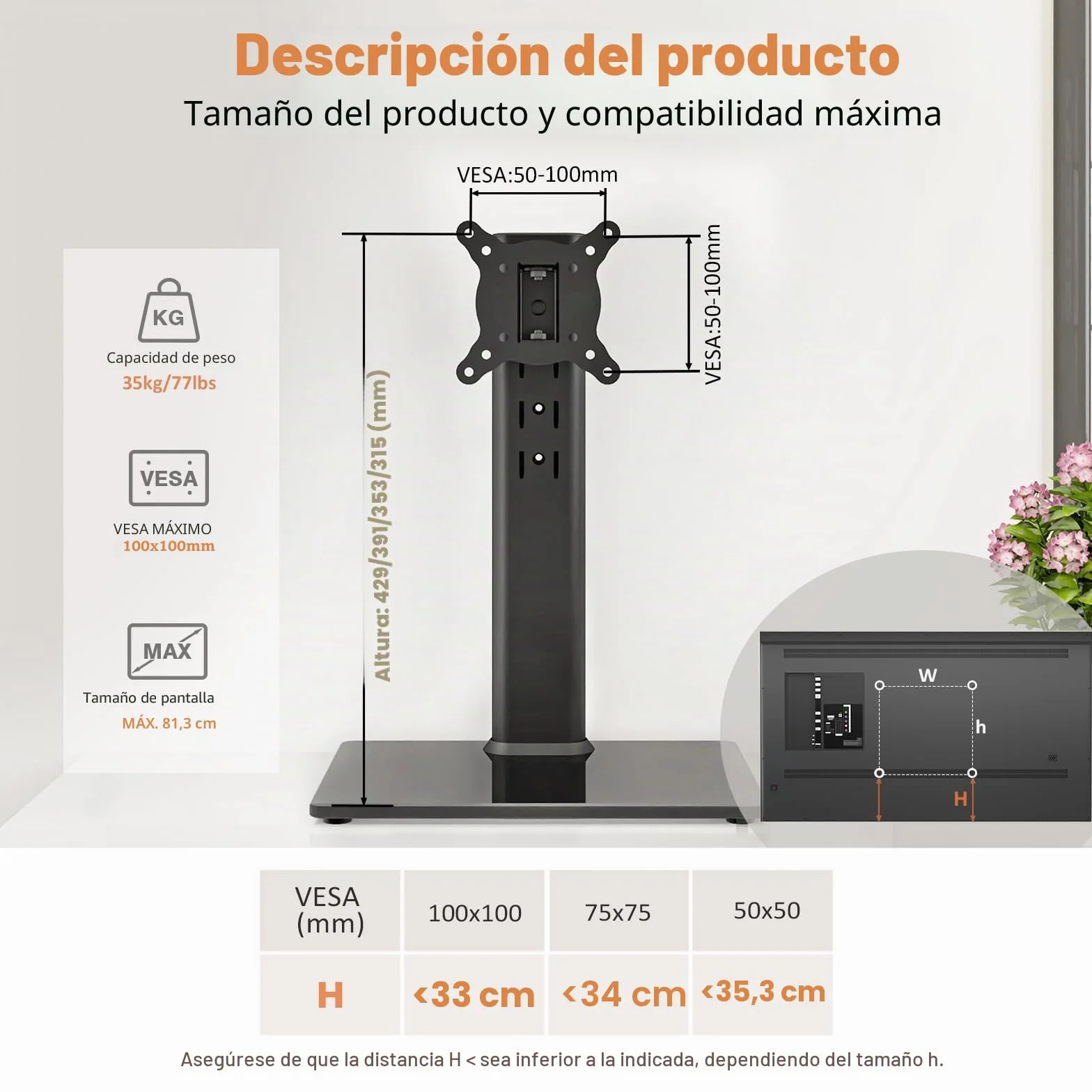 HEMUDU Soporte TV Pie Universal, Pequeño Soporte TV Mesa de 13-32 Pulgadas, Television Pie con Giro de 100°, Altura Ajustable en 4 Niveles, hasta 35 kg, Máx. VESA 100x100 mm HT07B-001P