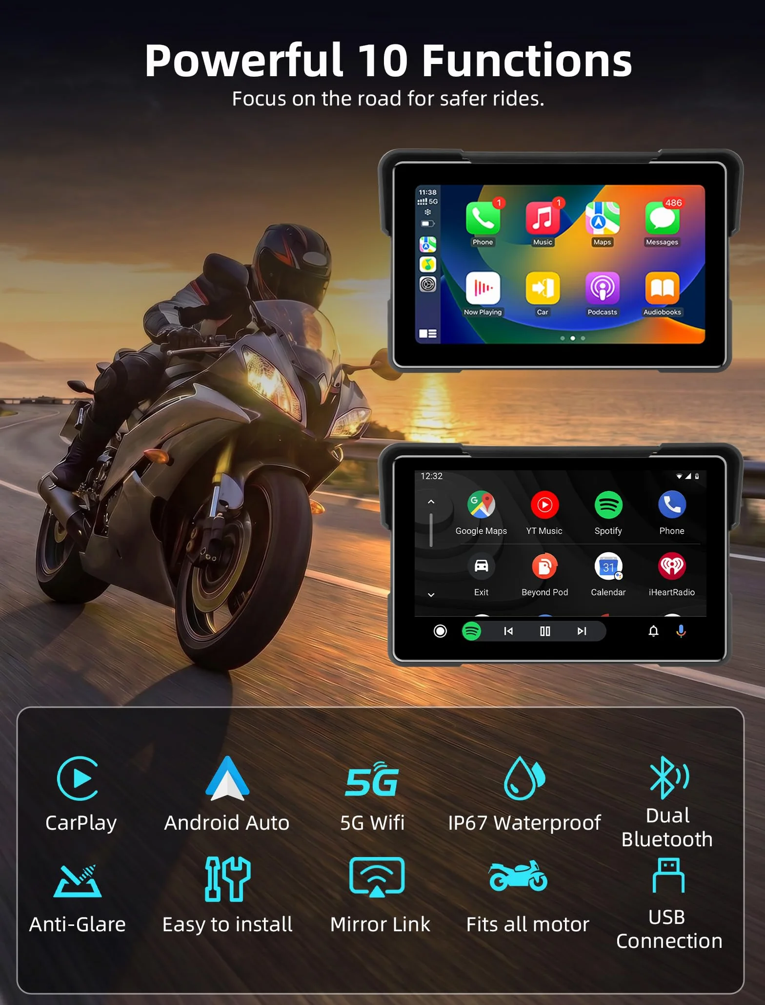 Jansite 7 Pulgadas Carplay Moto con 2 Métodos de Alimentación, Android Auto Navegador GPS con Pantalla de Motocicleta Impermeable 2.5D IPS, Bluetooth Dual Siri/G-oogle Assistant