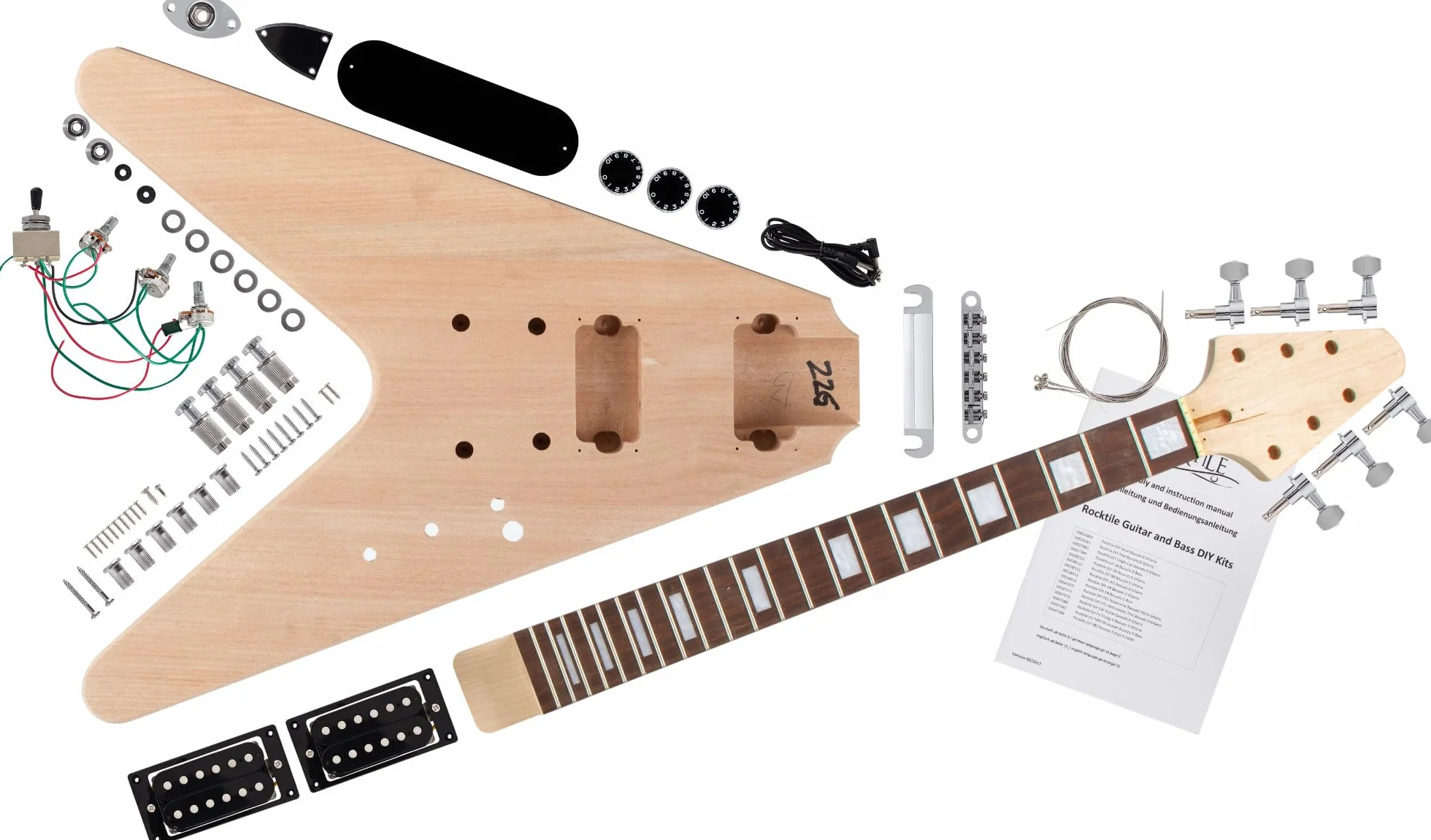 Kit de construcción guitarra eléctrica Rocktile estilo FV — DIY con cuerpo de caoba, diapasón de palisandro, 22 trastes, 2 humbuckers, clavijas DieCast, acabado natural — set de componentes