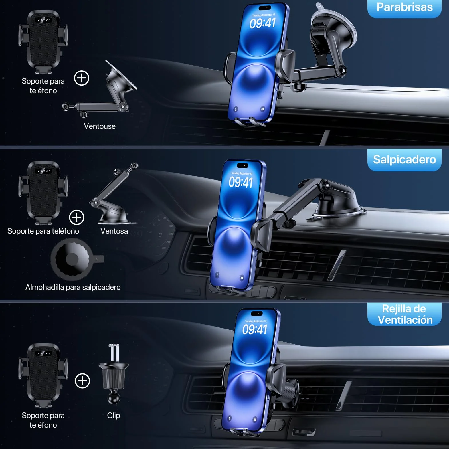 Miracase Soporte Movil Coche [Potente Ventosa& Gancho Doble Metálico] 3 in 1 Suporte Telemovel Carro para Parabrisas/Salpicadero/Ventilación de Aire, Soporte Teléfono Coche Universal para Smartphone